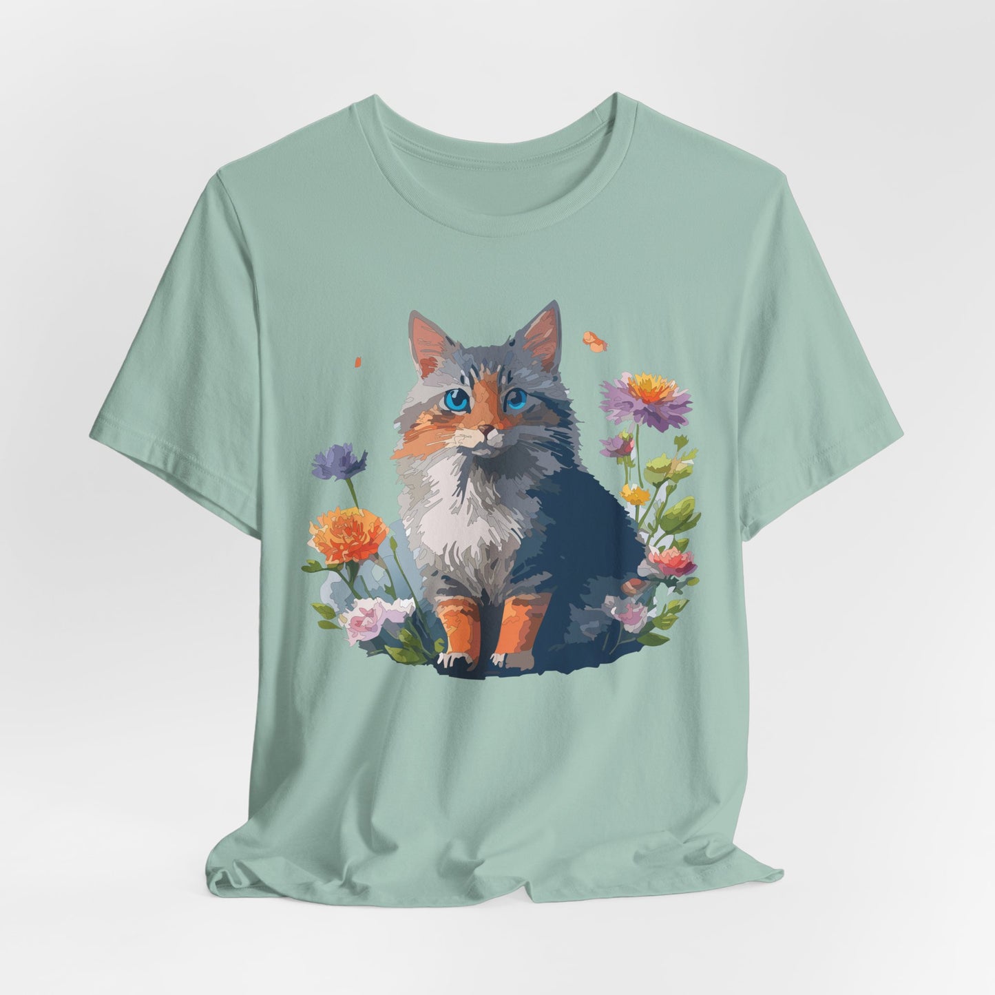 Floral Cat Tee, Animal Shirt, Cat Shirt, Floral Tee, Flower T-shirt, T-Shirt with Animal, Summer Top with Art Design