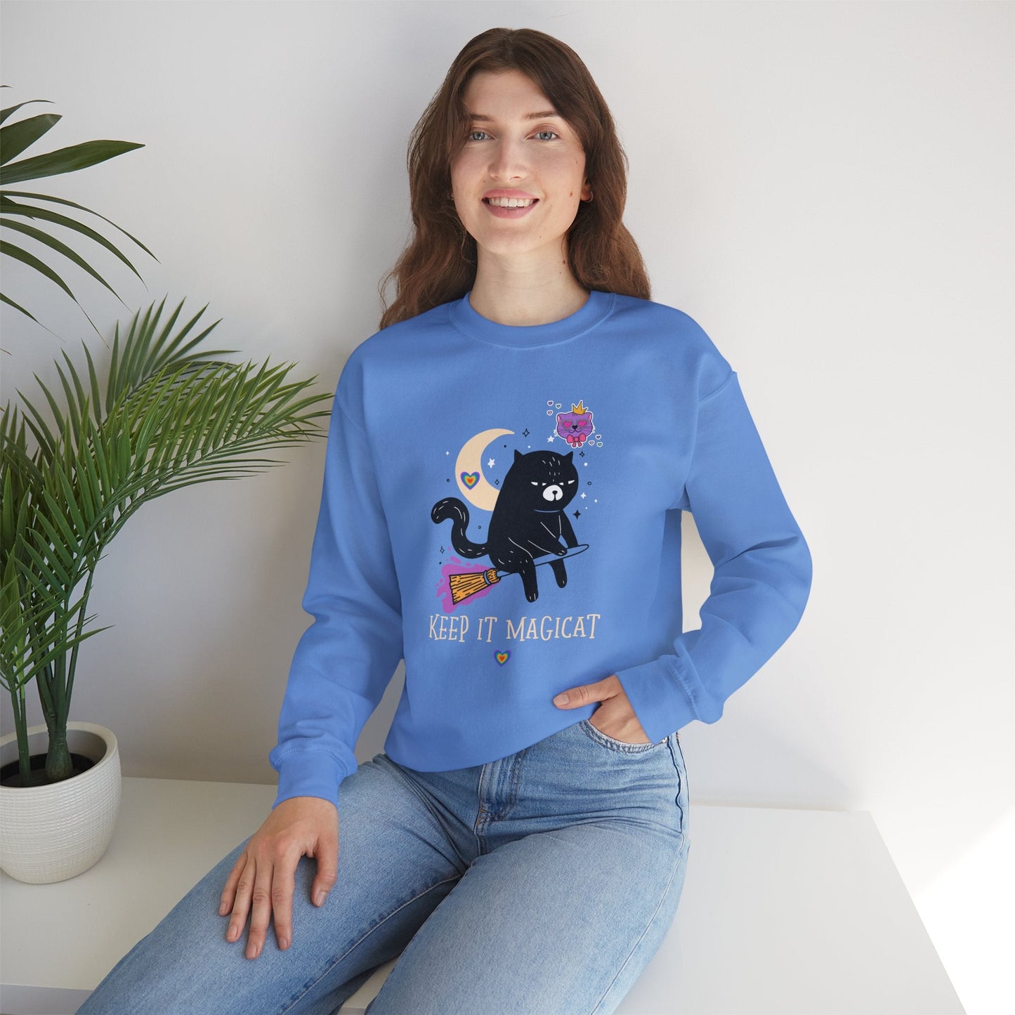 Flying Cat Heart Sweatshirt Unisex Fifty Fifty Cotton Poly Crewneck Gildan 18000 Valentines Day