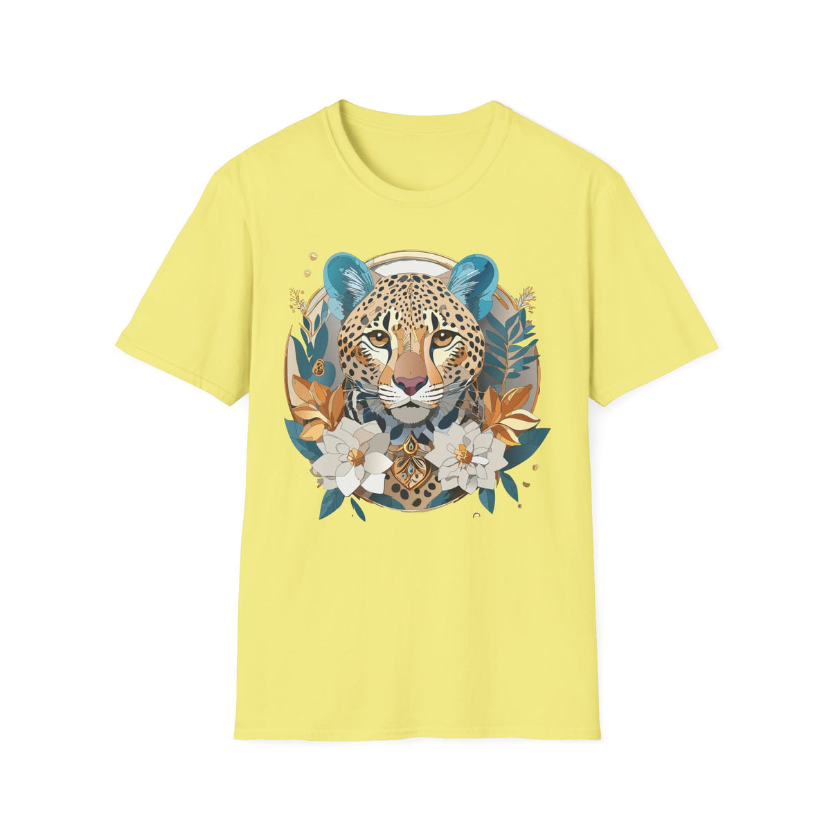 Boho Cheetah Face T-Shirt | Floral Leaves Illustration