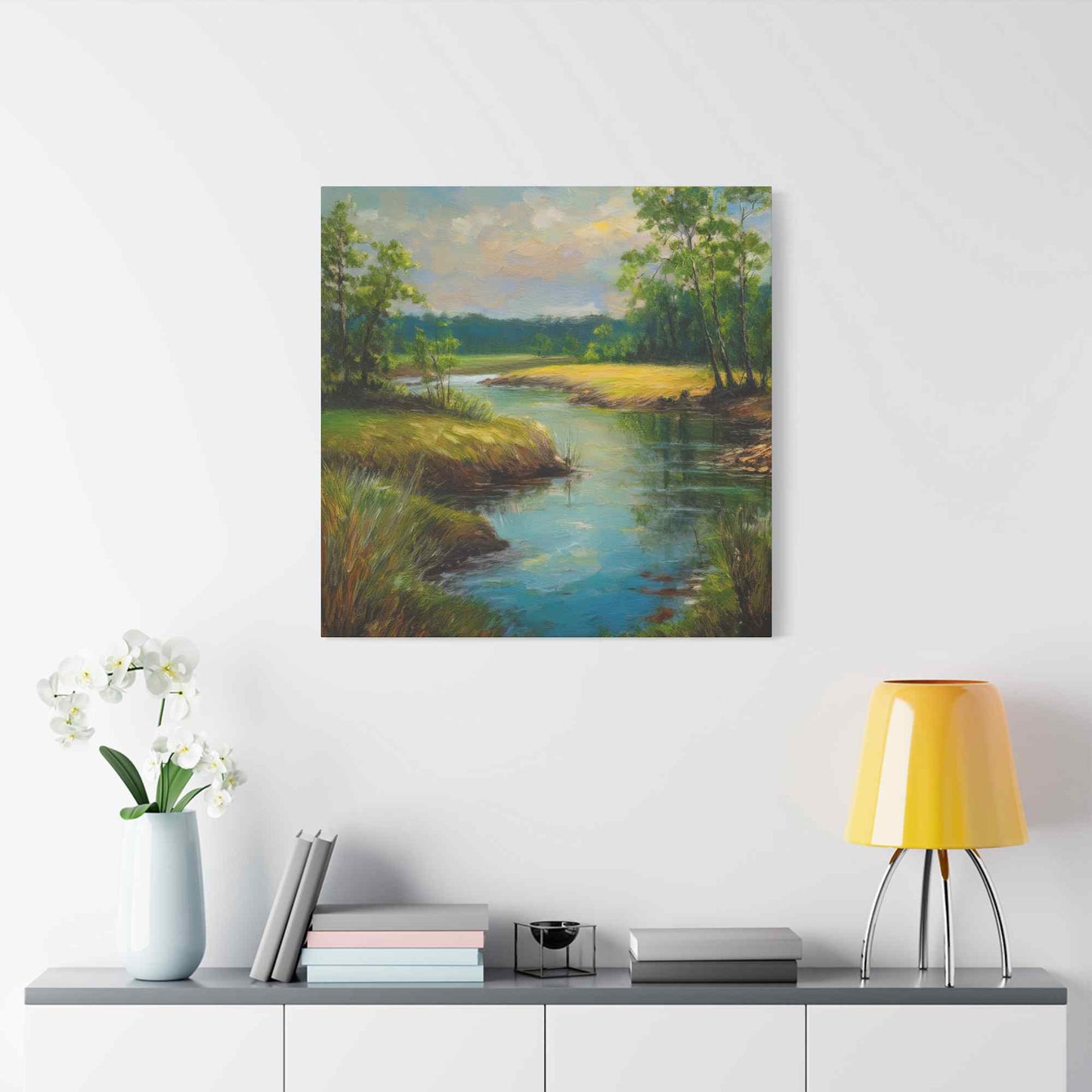 River Print Canvas, Landscape Oil Paint Print 20x20, 24x24, 30x30, 32x32, 36x36 Art Design Print Pine-Wood Inner Frame MC-55