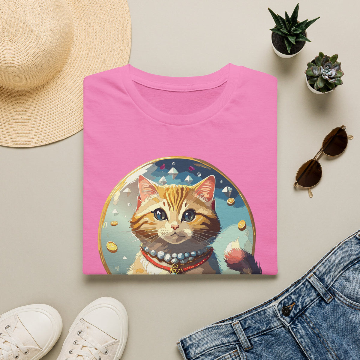 Lucky Cat Illustration T-Shirt | Cute Ginger Kitten, Whimsical Charm