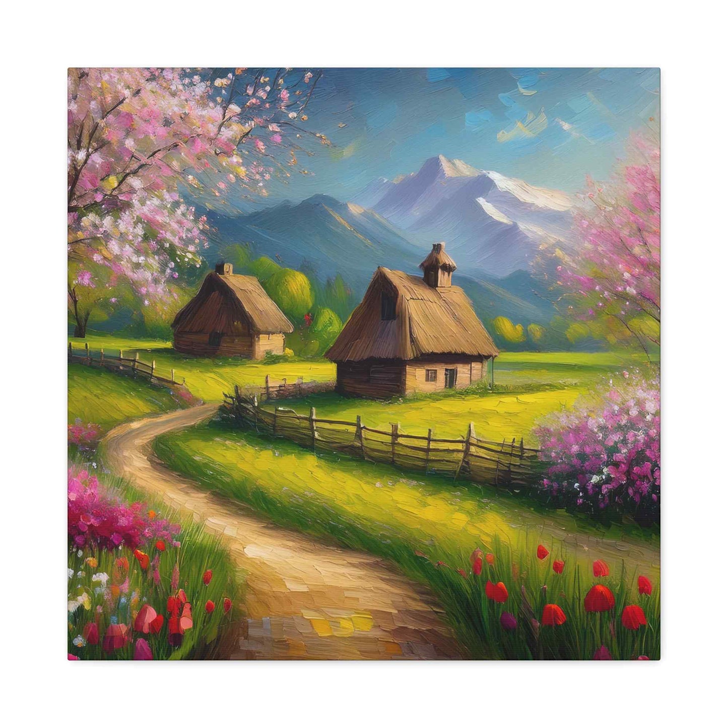 Countryside Spring Print Canvas, Oil Paint Print 20x20, 24x24, 30x30, 32x32, 36x36 Art Design Pine-Wood Inner Frame MC-108