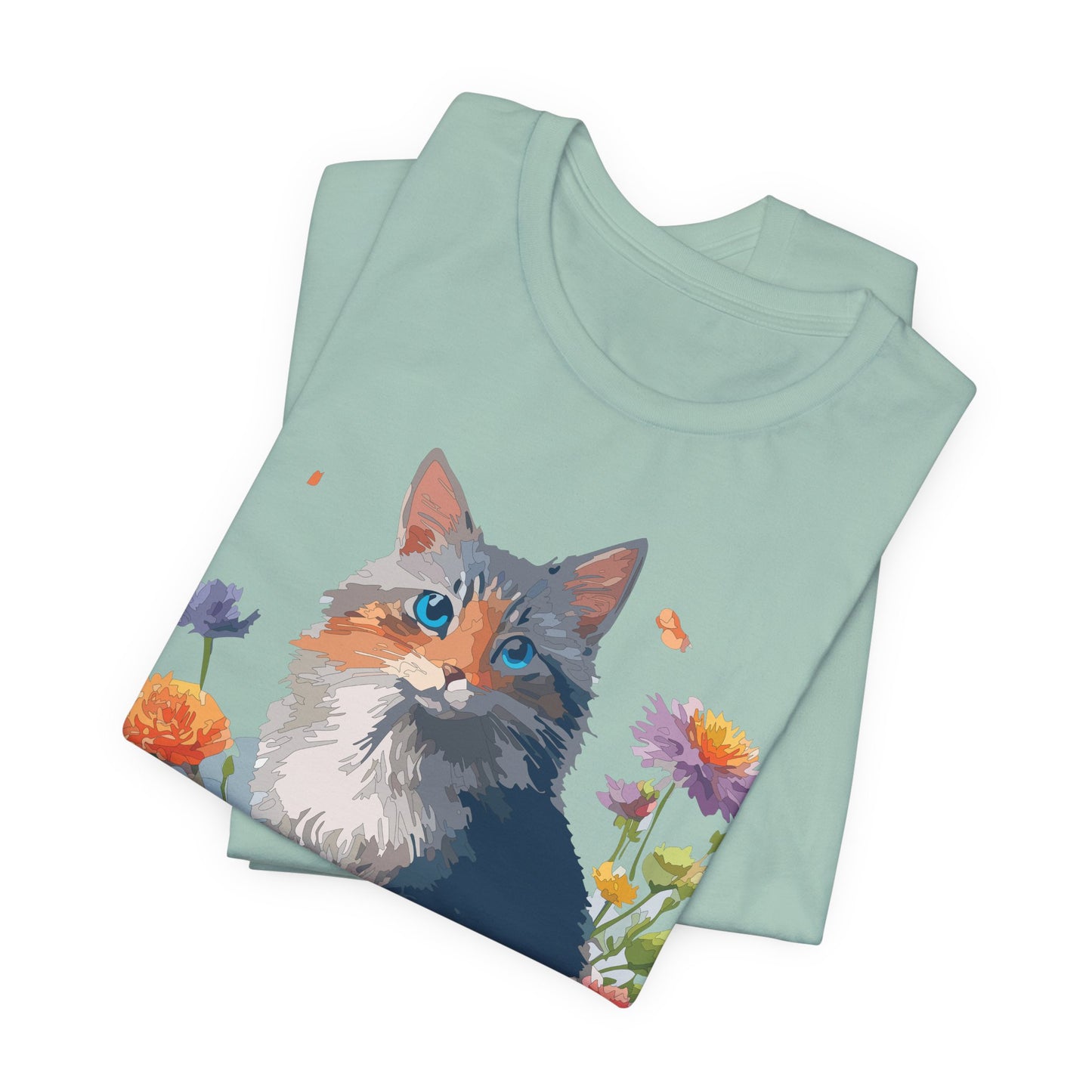Floral Cat Tee, Animal Shirt, Cat Shirt, Floral Tee, Flower T-shirt, T-Shirt with Animal, Summer Top with Art Design