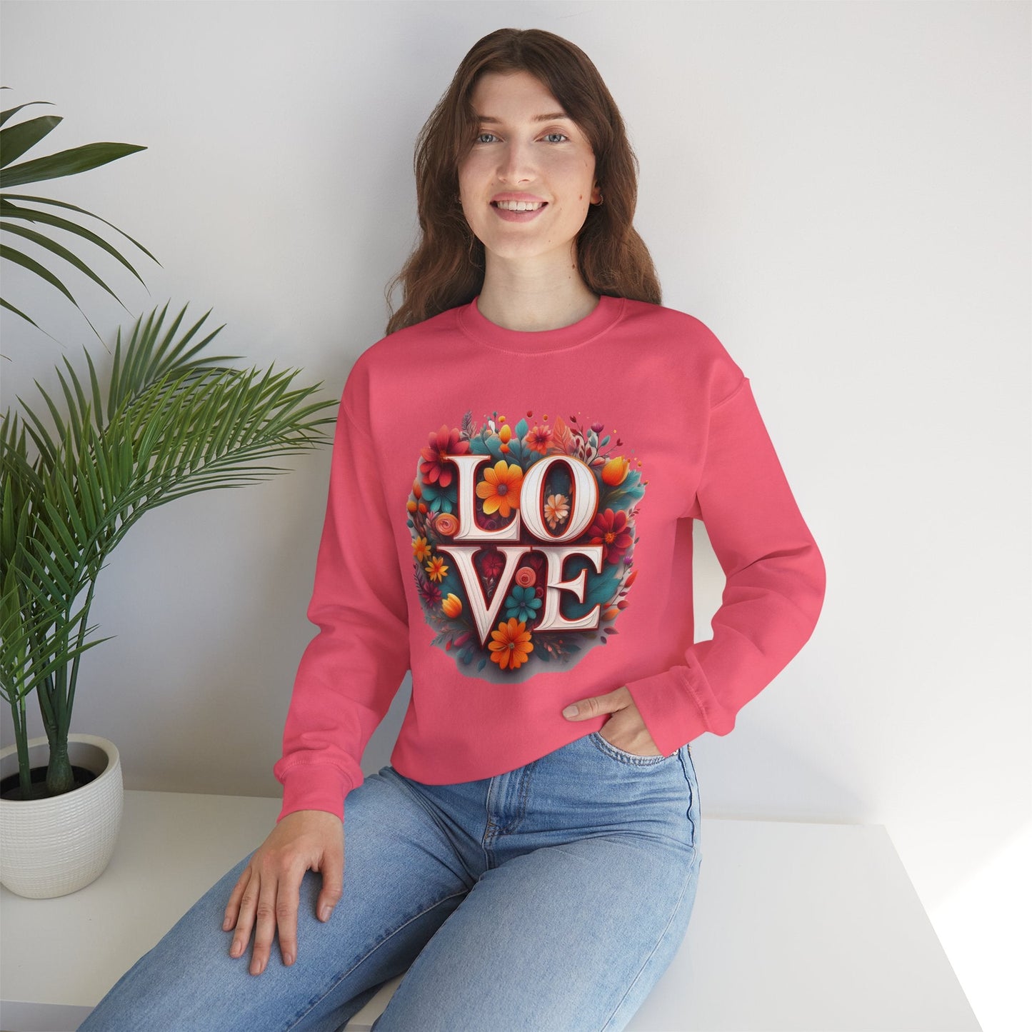 Floral Love Valentines Day Sweatshirt Unisex Heavy Blend Crewneck 50/50 Cotton Polyester Gildan 18000