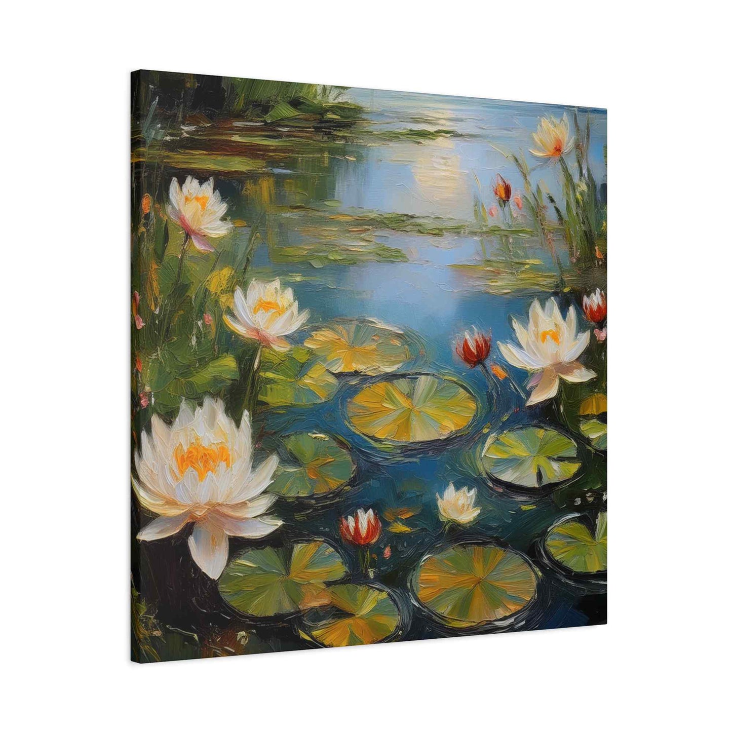 Water Lilies Print Canvas, Oil Paint Print 20x20, 24x24, 30x30, 32x32, 36x36 Floral Art Print Pine-Wood Inner Frame MC-64