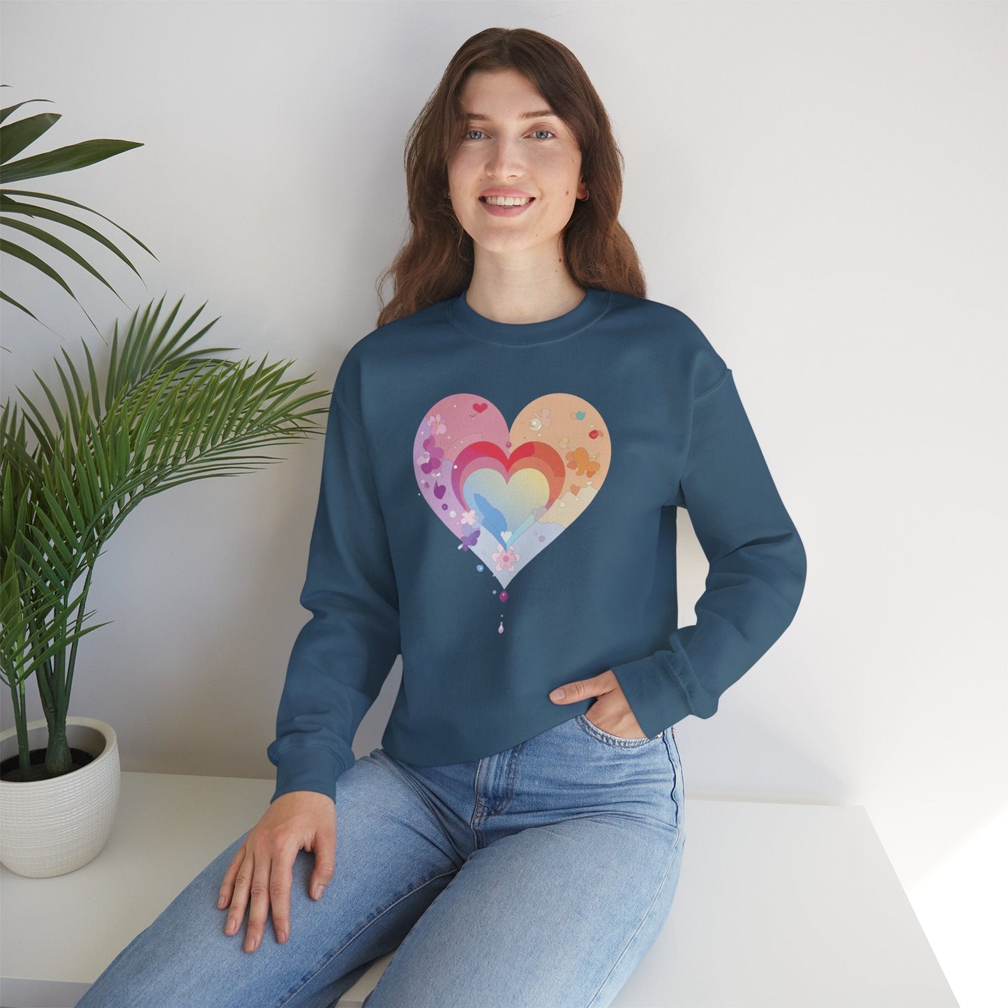 Rainbow Heart Floral Sweatshirt Unisex Valentines Day Gift Cozy Crewneck Sweatshirt