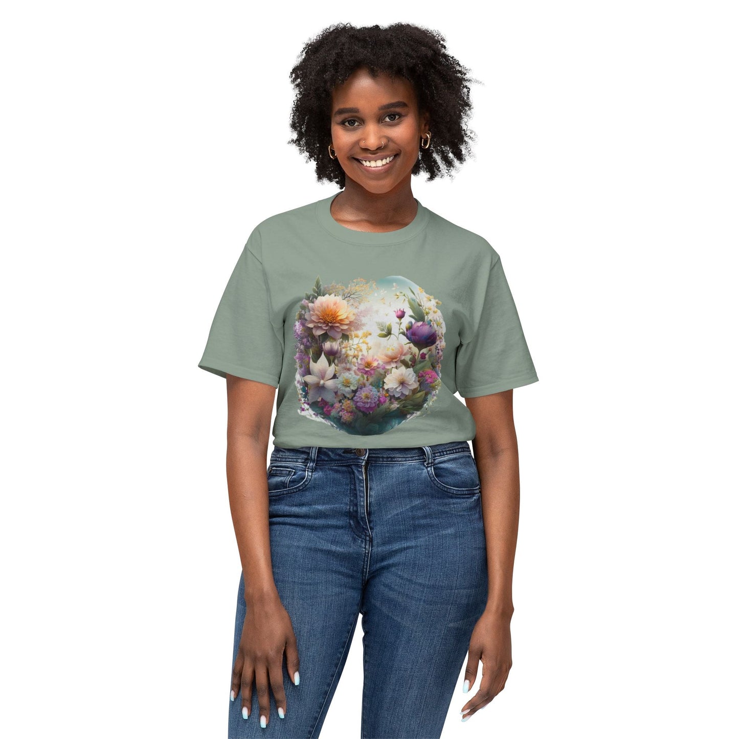 Unisex Floral Art T Shirt With Vintage Flower Print On 100 Percent HD Cotton Tee Made In USA