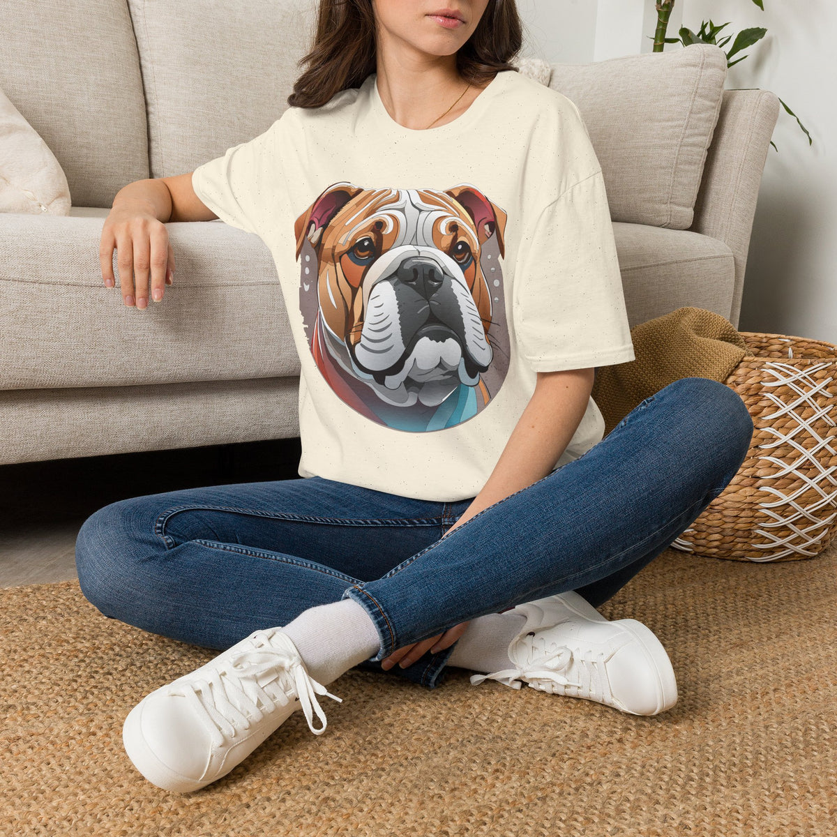 Bulldog Graphic T-Shirt — Colorful English Bulldog Portrait Graphic Design Unisex 100 Cotton Gildan T-Shirt