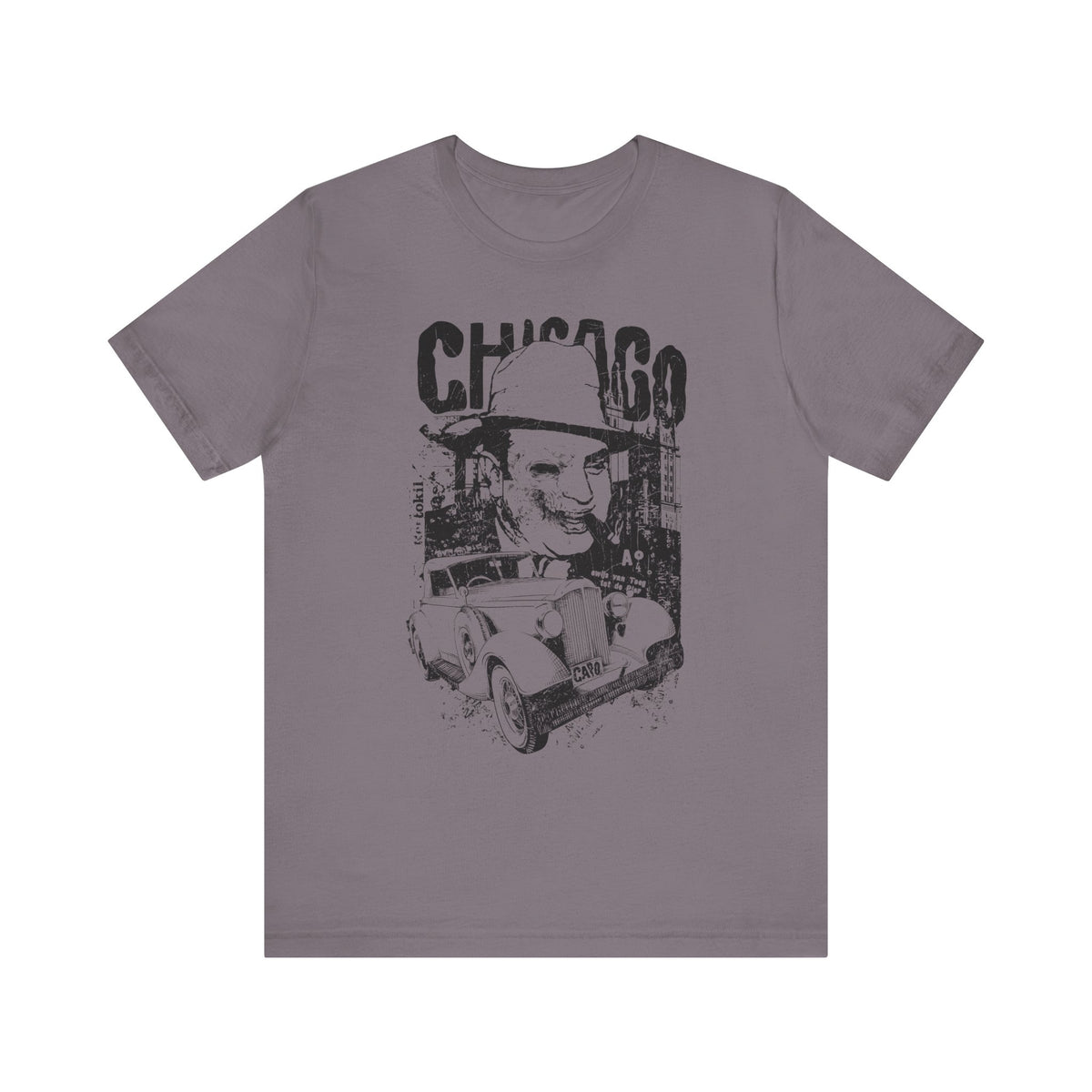 Chicago Retro Mobster Illustration Tee Vintage Car Cityscape Art Design Unisex Cotton T-Shirt A-8