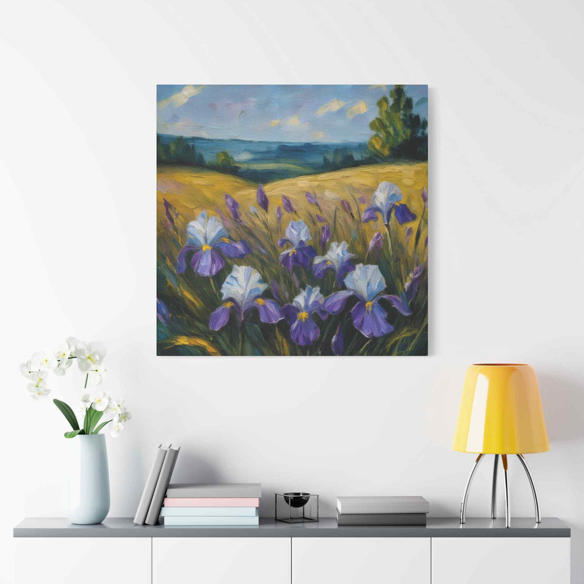 Irises Floral Print Canvas, Floral Oil Paint Print 20x20, 24x24, 30x30, 32x32, 36x36 Art Design Pine-Wood Inner Frame MC-181
