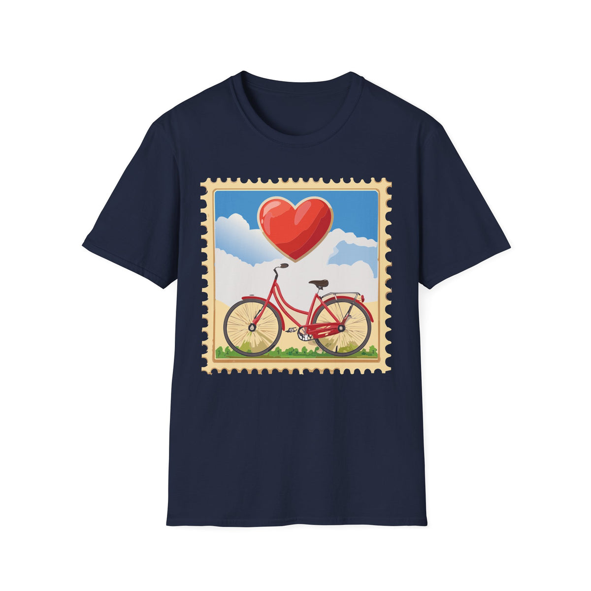 Heart Balloon Bicycle T-Shirt | Retro Stamp Illustration