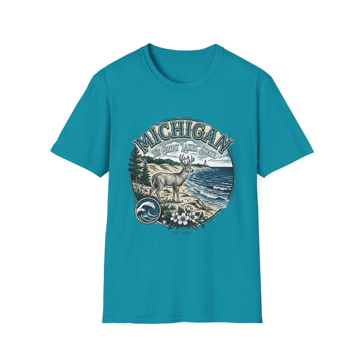 Michigan Deer Scenic T-Shirt — Vintage Great Lakes Travel Tourist Graphic Design Unisex 100 Cotton Gildan T-Shirt