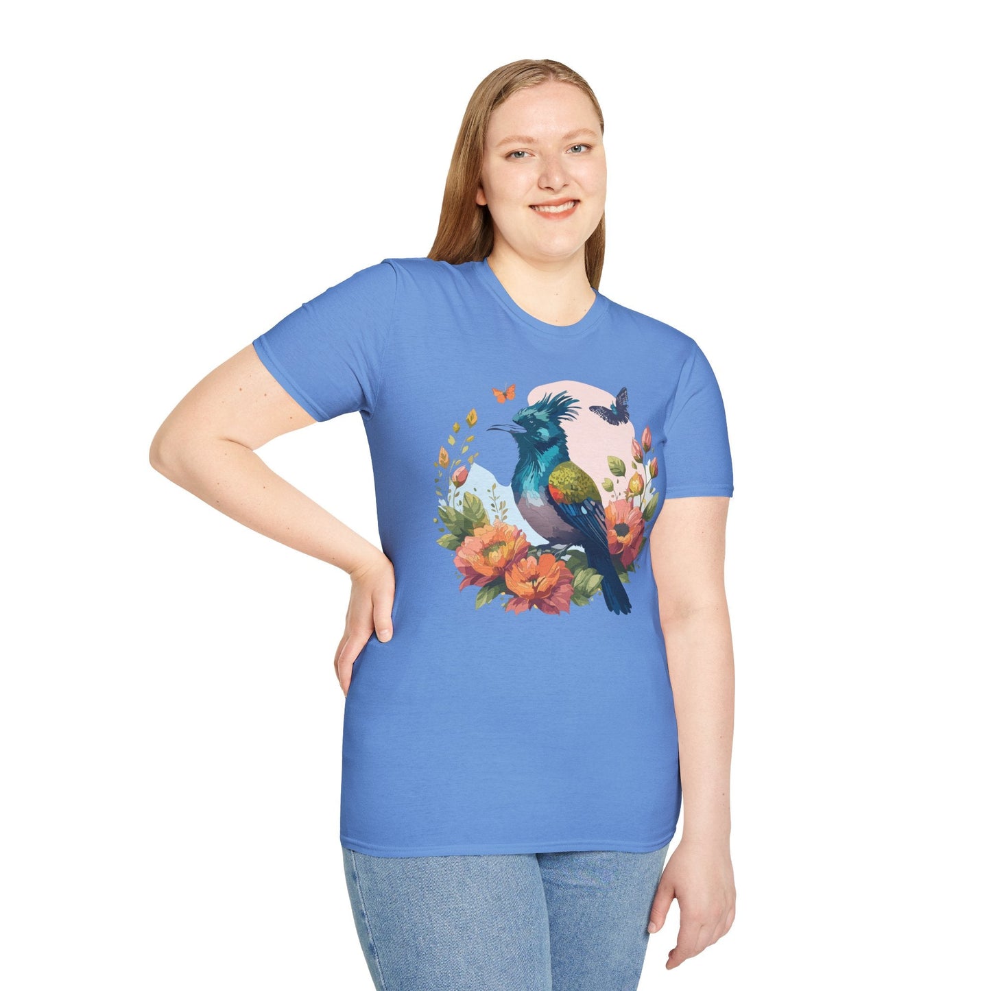 Floral Bird T Shirt Unisex Tee 100 Percent Ring Spun Cotton Softstyle Gildan 64000 Comfort Fit