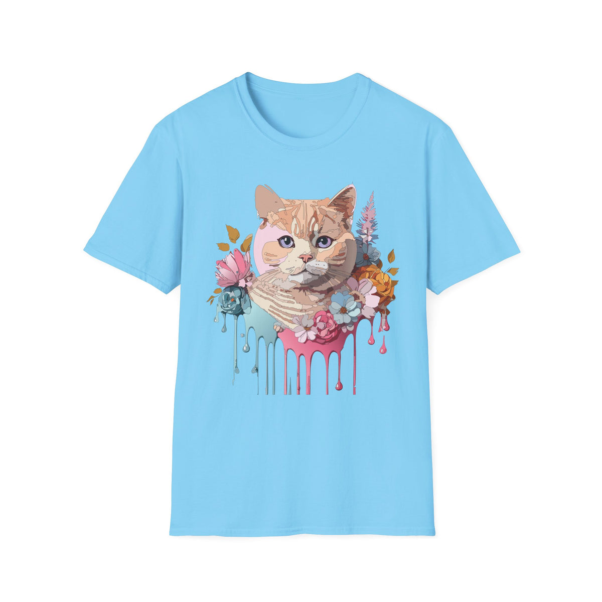 Floral Ginger Cat Portrait T-Shirt | Painted Cat Face with Flowers
