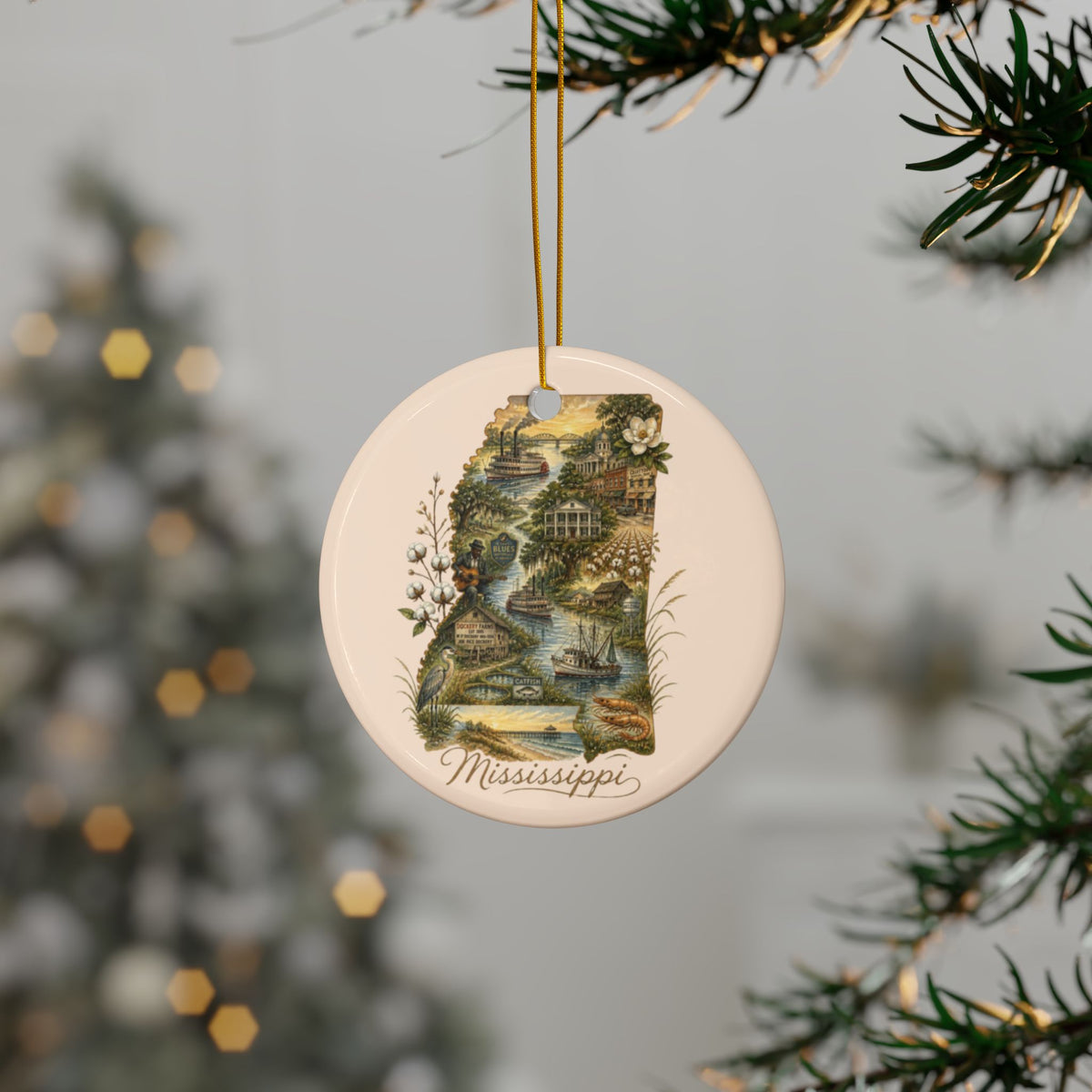 Mississippi State Map Illustration Ceramic Ornament | Round Double-Sided - 2.99" Includes Gold String