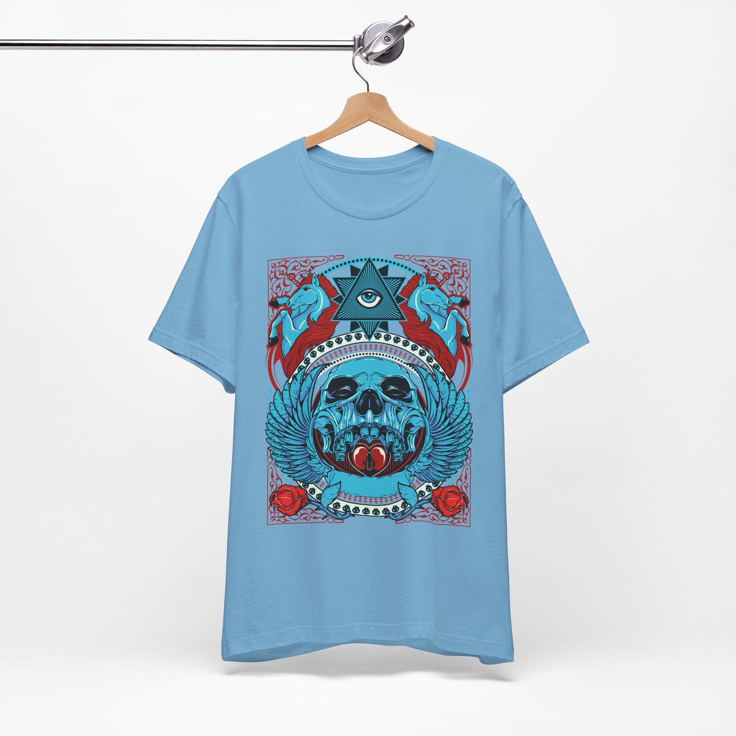 All-Seeing Skull Illustration Tee Winged Skull Third Eye Roses T-Shirt