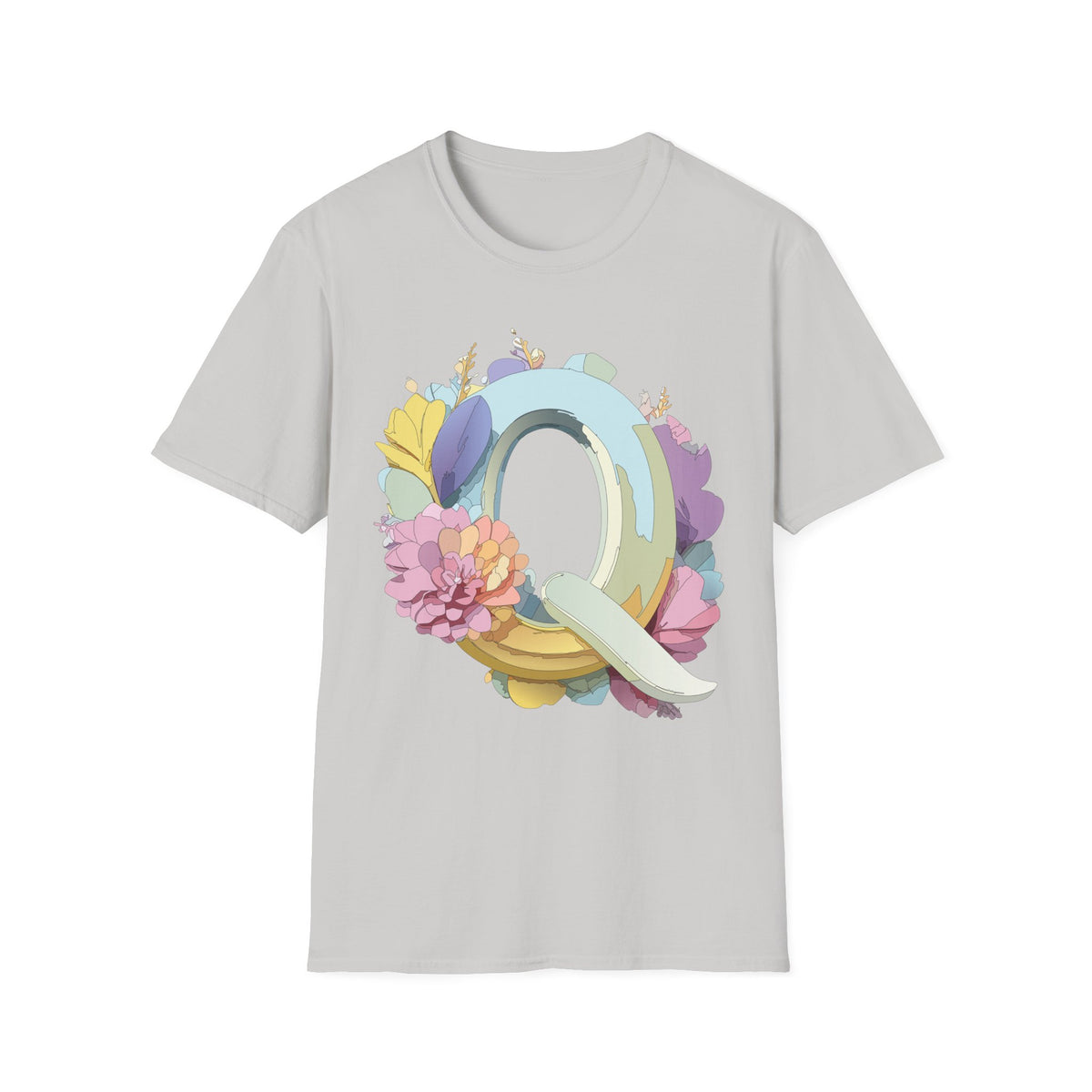 Floral Letter Q T-Shirt | Pastel Monogram Tee, Botanical Initial Shirt