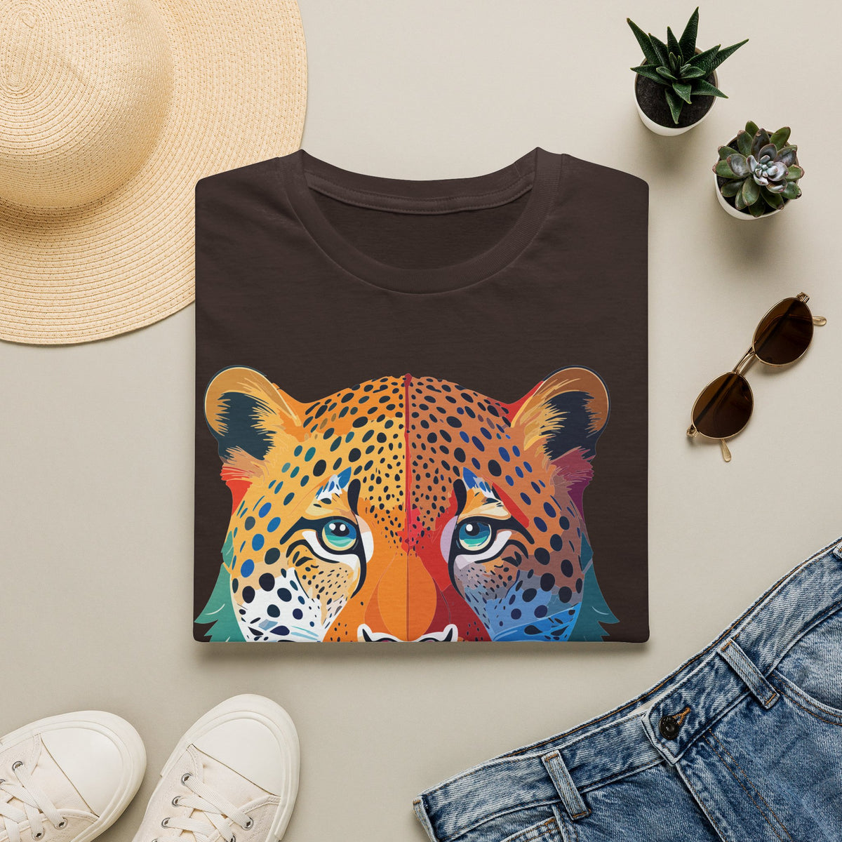 Colorful Leopard Face T-Shirt | Rainbow Big Cat Illustration