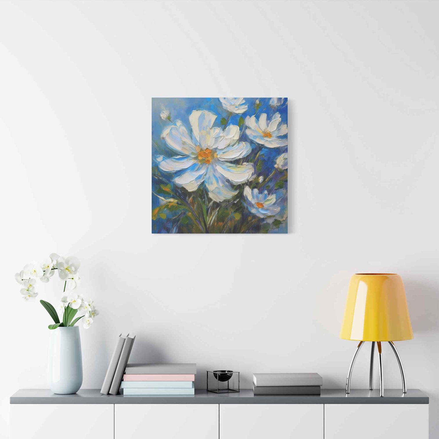 White Flowers Print Canvas, White Flowers Oil Paint Print 20x20, 24x24, 30x30, 32x32, 36x36, Art Design Print Non-Frame MC-7