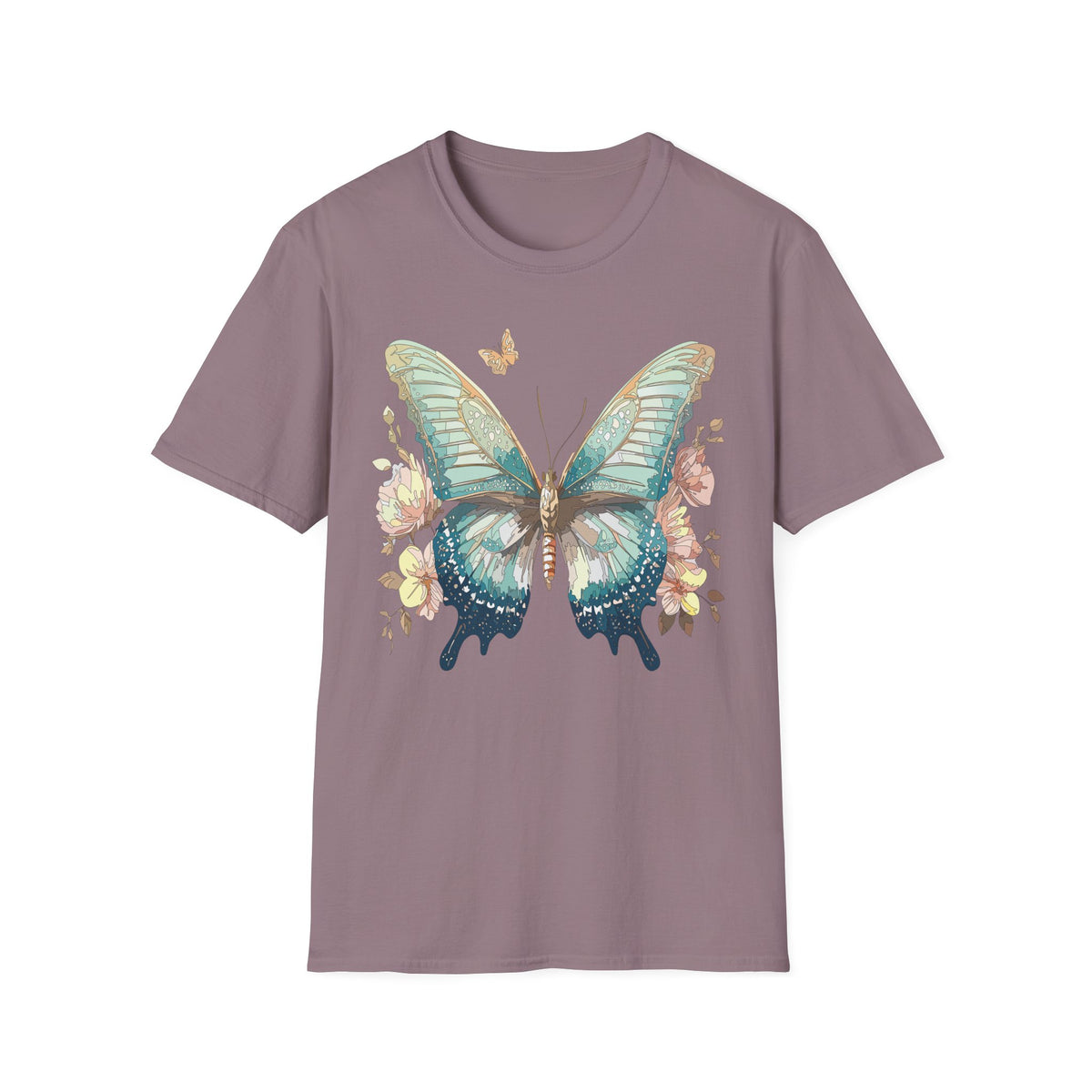 Teal Watercolor Butterfly T-Shirt | Floral Accent, Boho Nature Graphic Tee Unisex 100 Cotton Gildan T-Shirt
