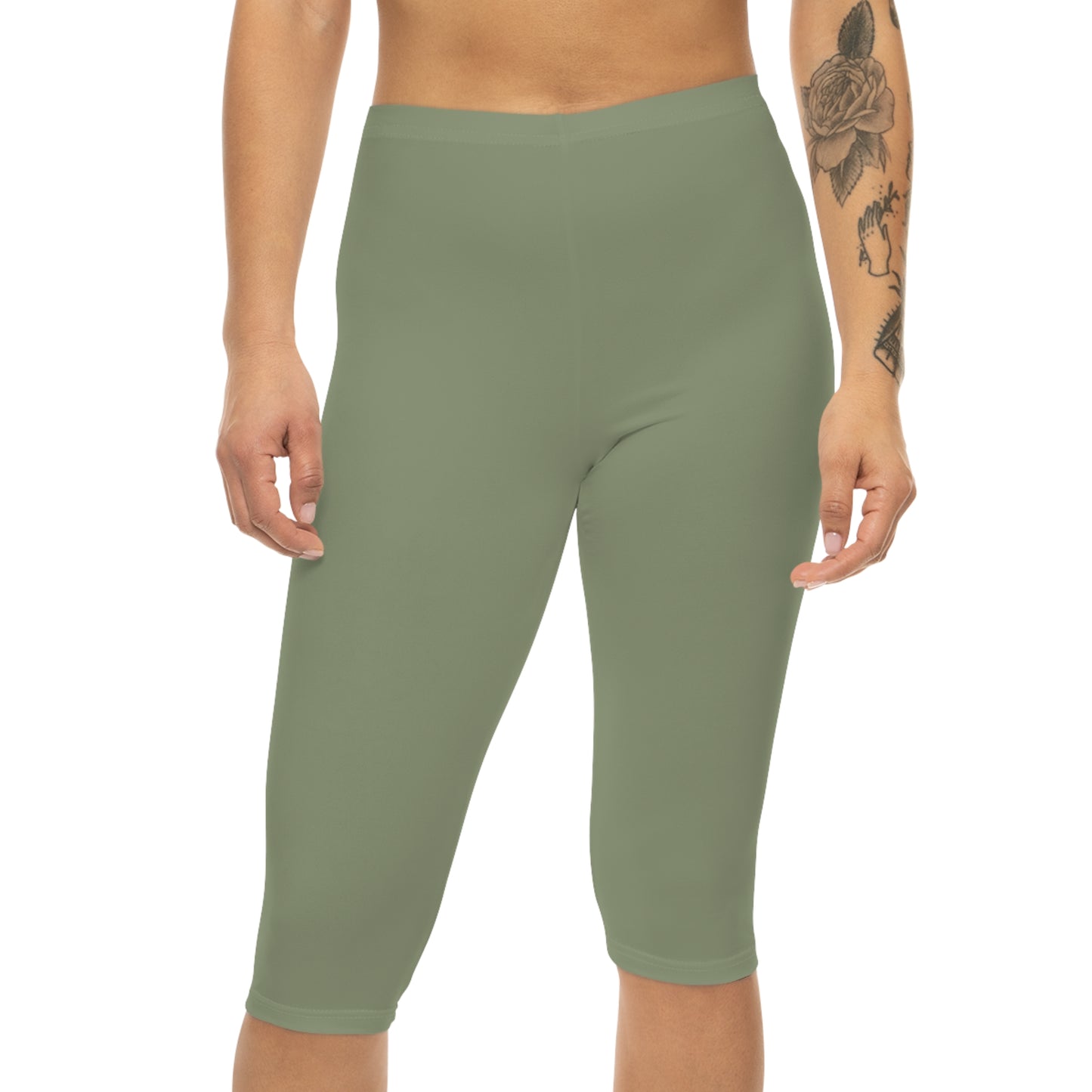 Dusty Sage Green Color Women's Brushed Suede Poly Span Casual Capri Leggings XS-2XL