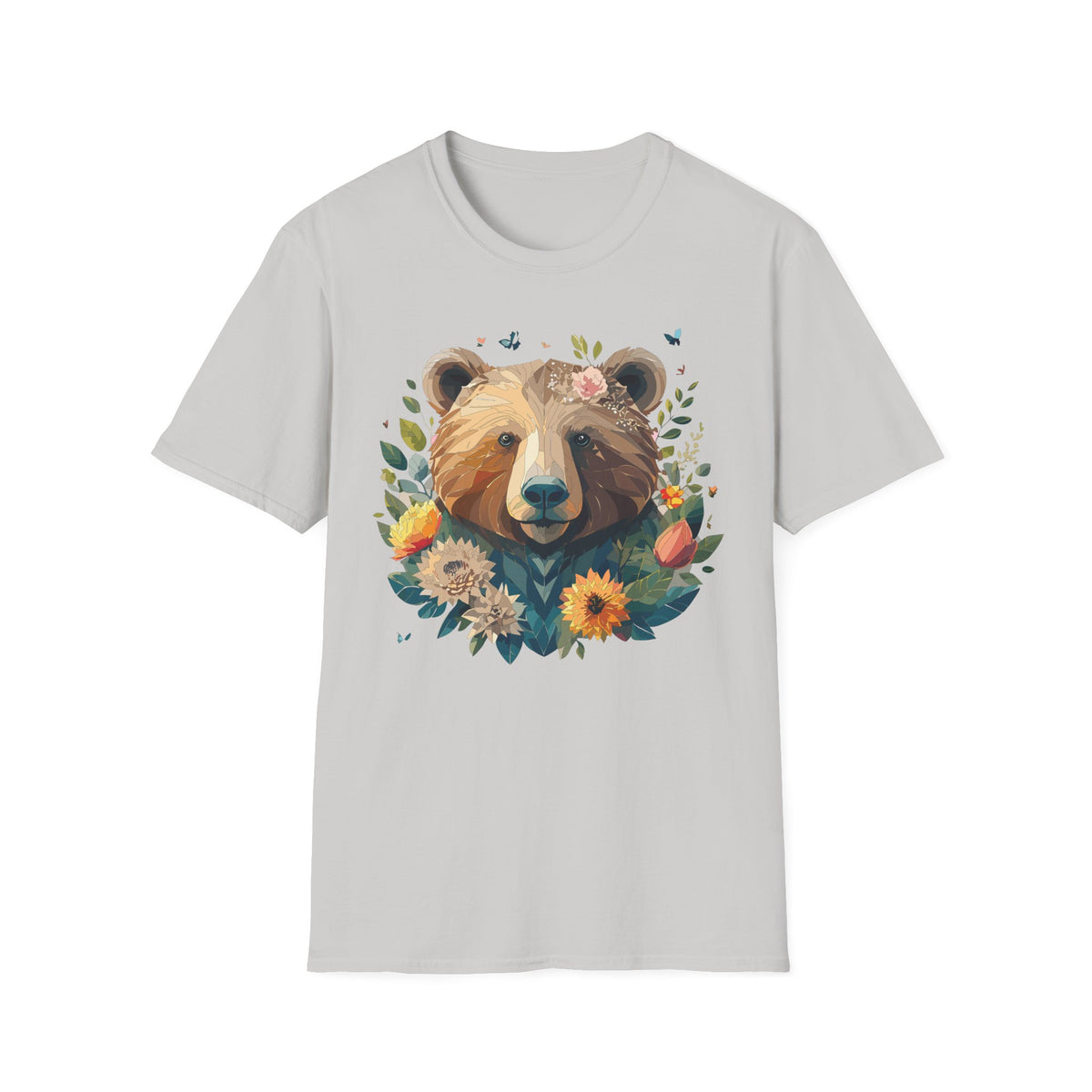 Floral Bear Illustration T-Shirt | Bear Face with Flowers