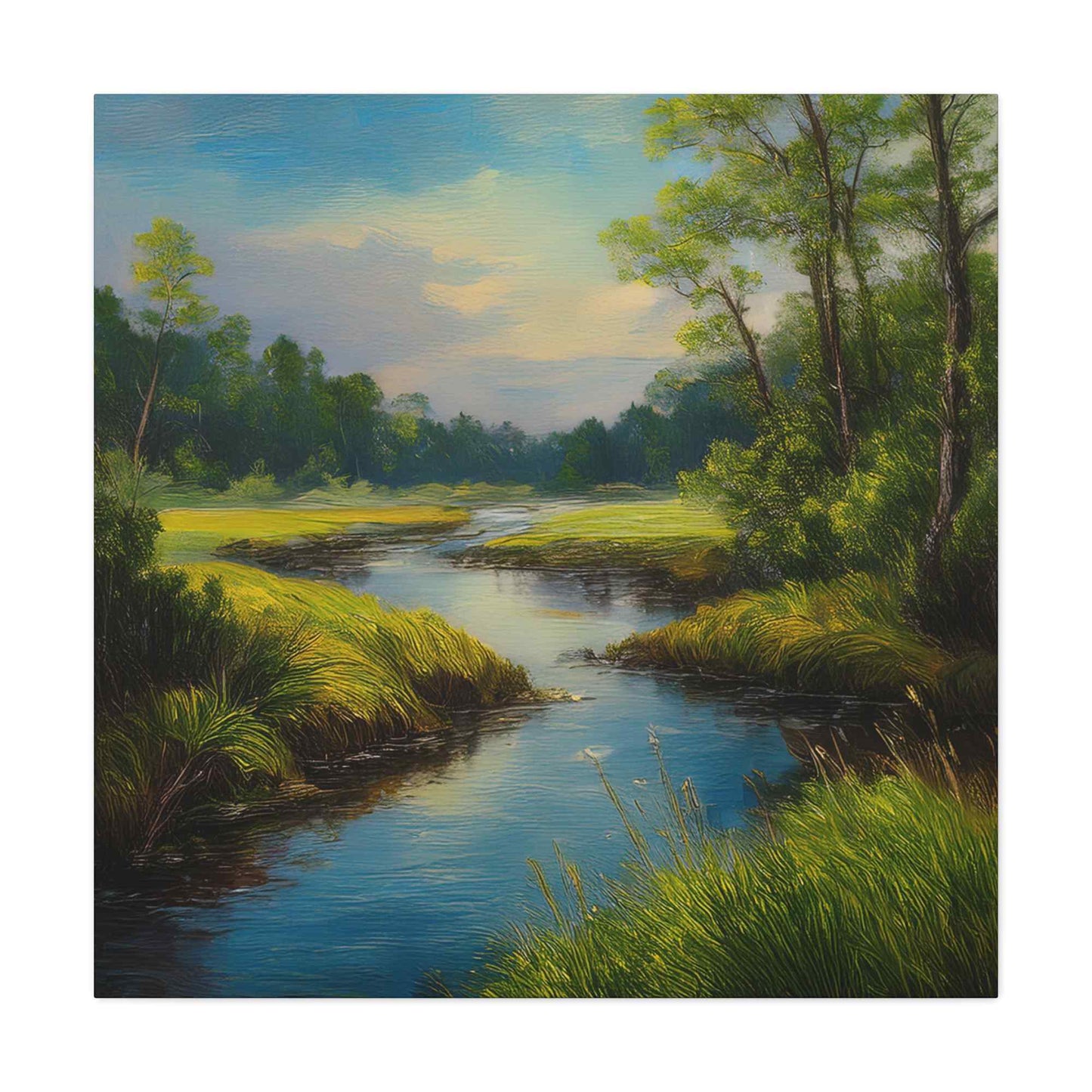 River Print Canvas, Landscape Oil Paint Print 20x20, 24x24, 30x30, 32x32, 36x36 Art Design Print Pine-Wood Inner Frame MC-52