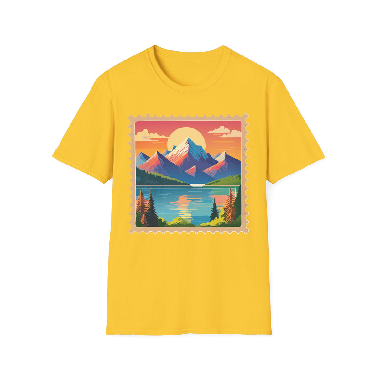 Vintage Mountain Sunset postage stamp T-Shirt | retro travel landscape