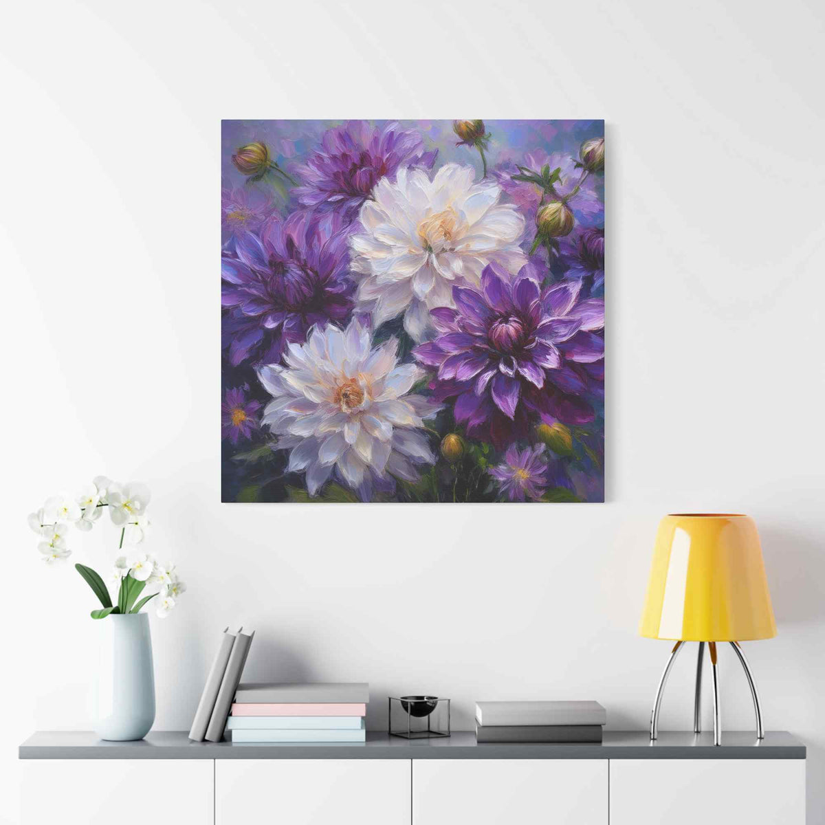 Dahlias Floral Print Canvas, Floral Oil Paint Print 20x20, 24x24, 30x30, 32x32, 36x36 Art Design Pine-Wood Inner Frame MC-171
