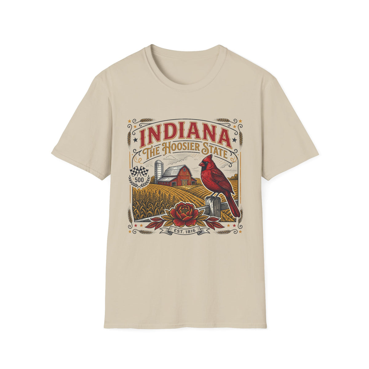 Indiana The Hoosier State T-Shirt — Farm Vintage Travel Tourist Graphic Design Unisex 100 Cotton Gildan T-Shirt
