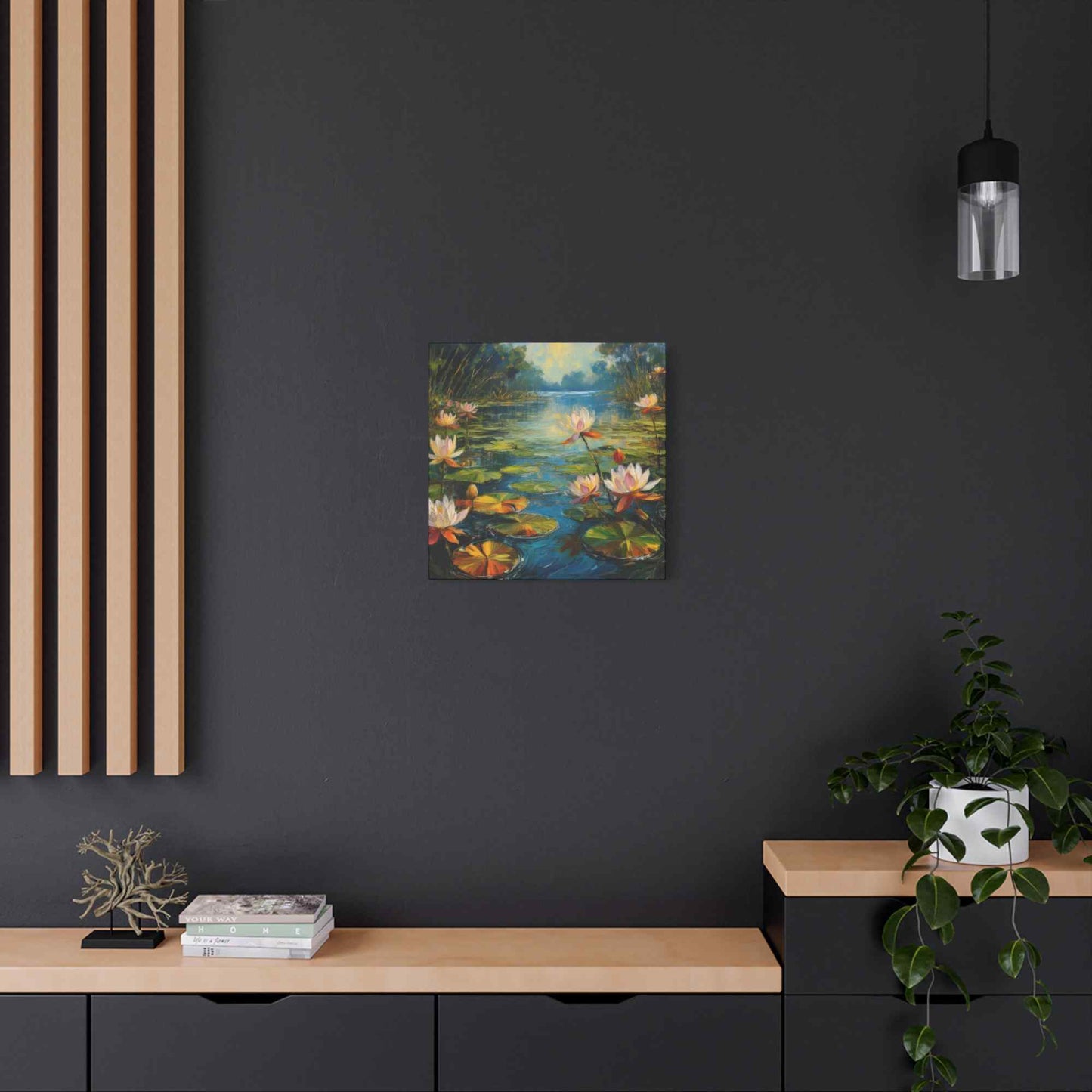 Water Lilies Print Canvas, Oil Paint Print 20x20, 24x24, 30x30, 32x32, 36x36 Art Design Print Pine-Wood Inner Frame MC-62