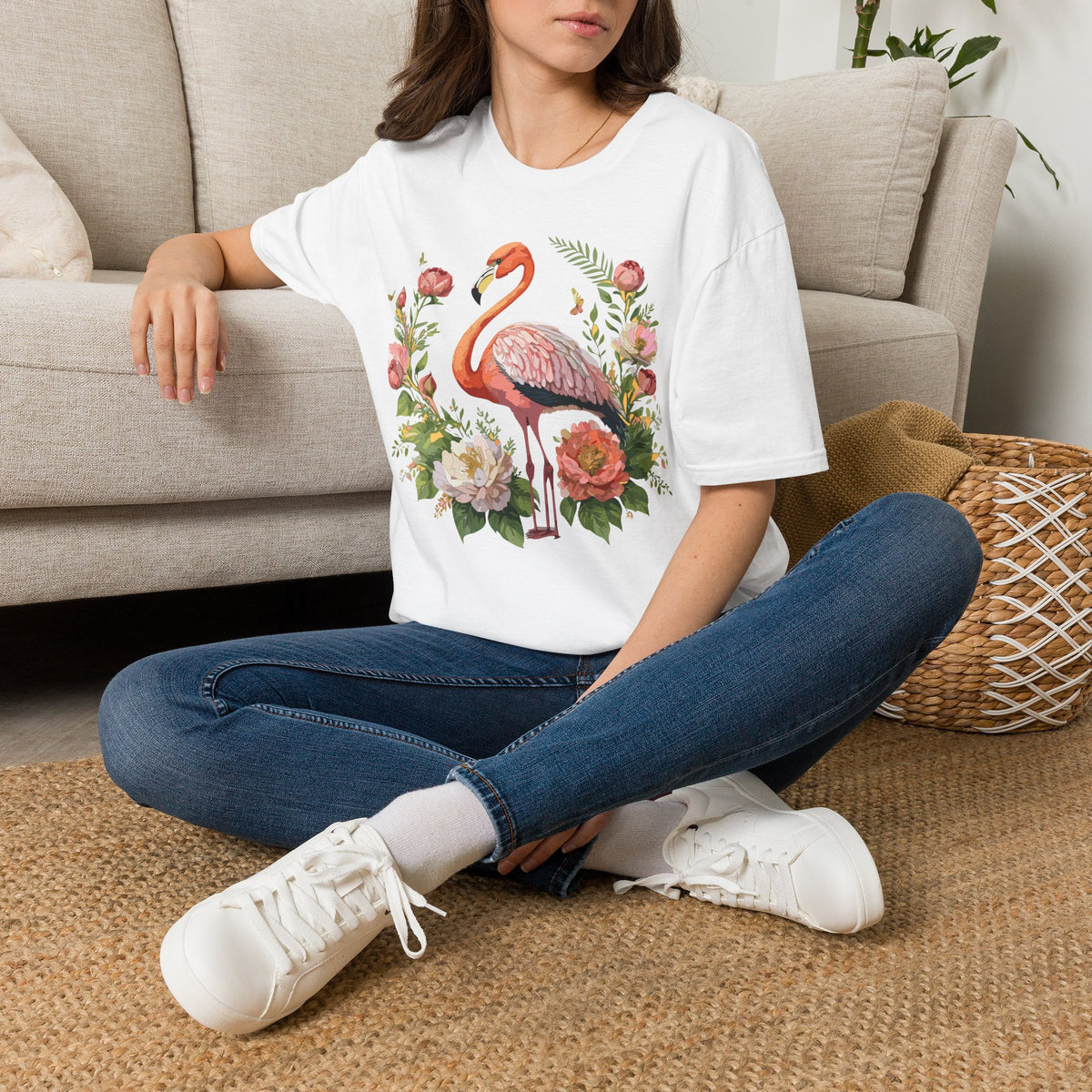 Floral Flamingo T-Shirt | Pink Flamingo with Flowers