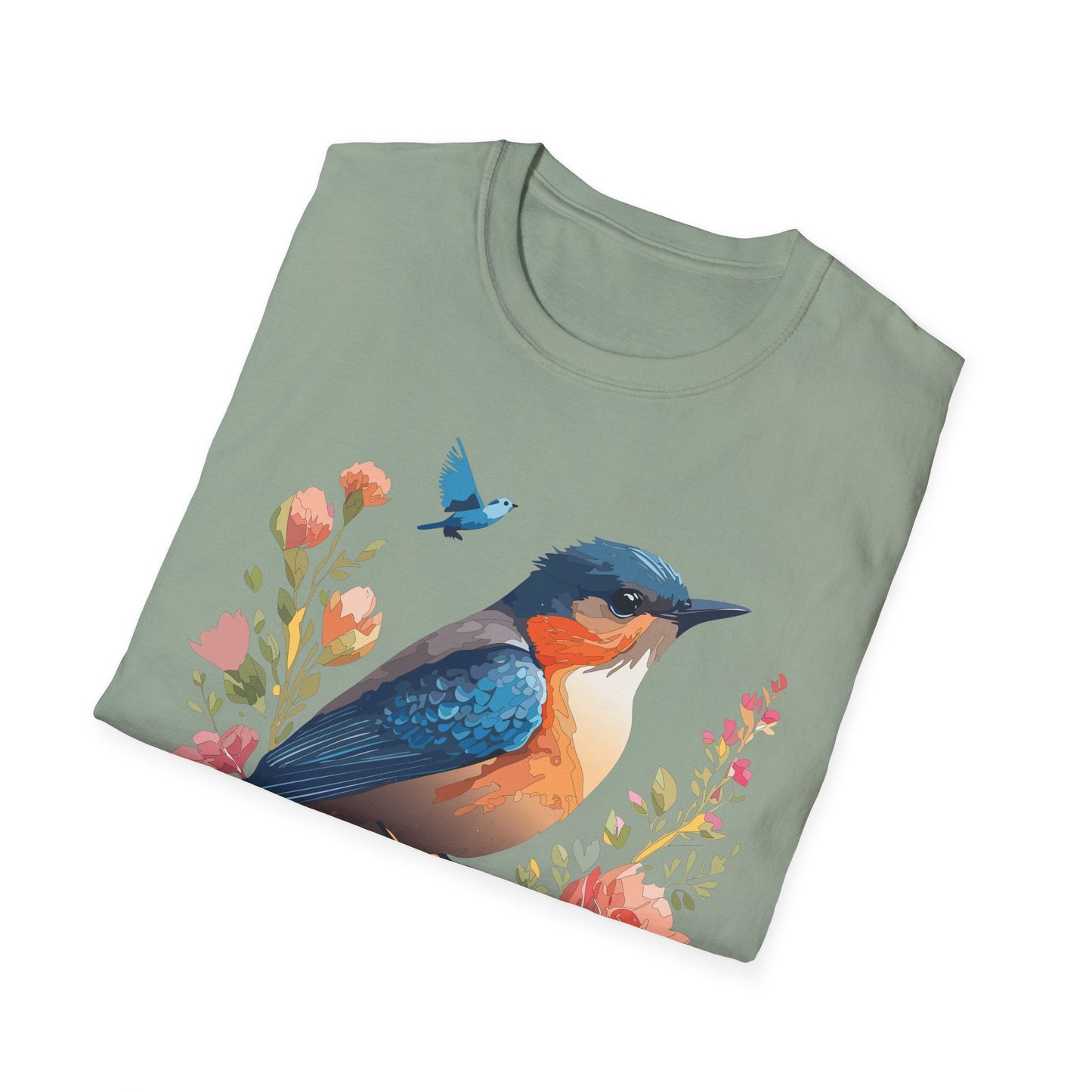 Unisex Floral Bird T Shirt Softstyle 64000 Gildan Ring Spun Cotton Tee Relaxed Fit
