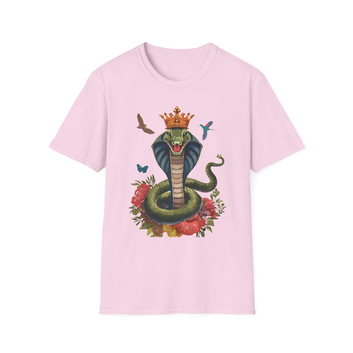 Crowned King Cobra Shirt | Snake Illustration, Floral Accents, Wildlife