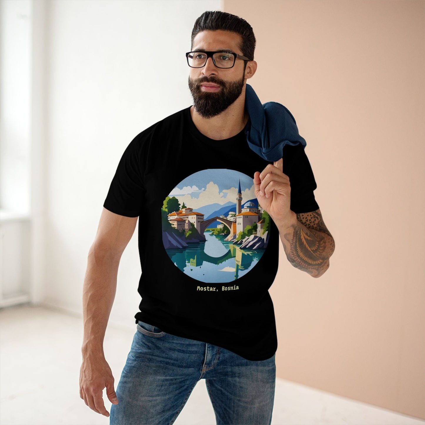 Unisex Premium Cotton Tee With Original Art Design Retro2Nova Travel And Bosnia Theme Shirt