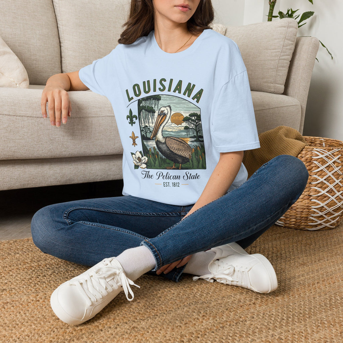 Louisiana Pelican State Graphic T-Shirt — Vintage Bayou Sunset Travel Tourist Graphic Design Unisex 100 Cotton Gildan T-Shirt