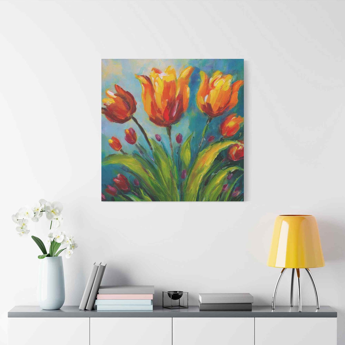 Tulips Print Canvas, Floral Oil Paint Print 20x20, 24x24, 30x30, 32x32, 36x36 Art Design Pine-Wood Inner Frame MC-143