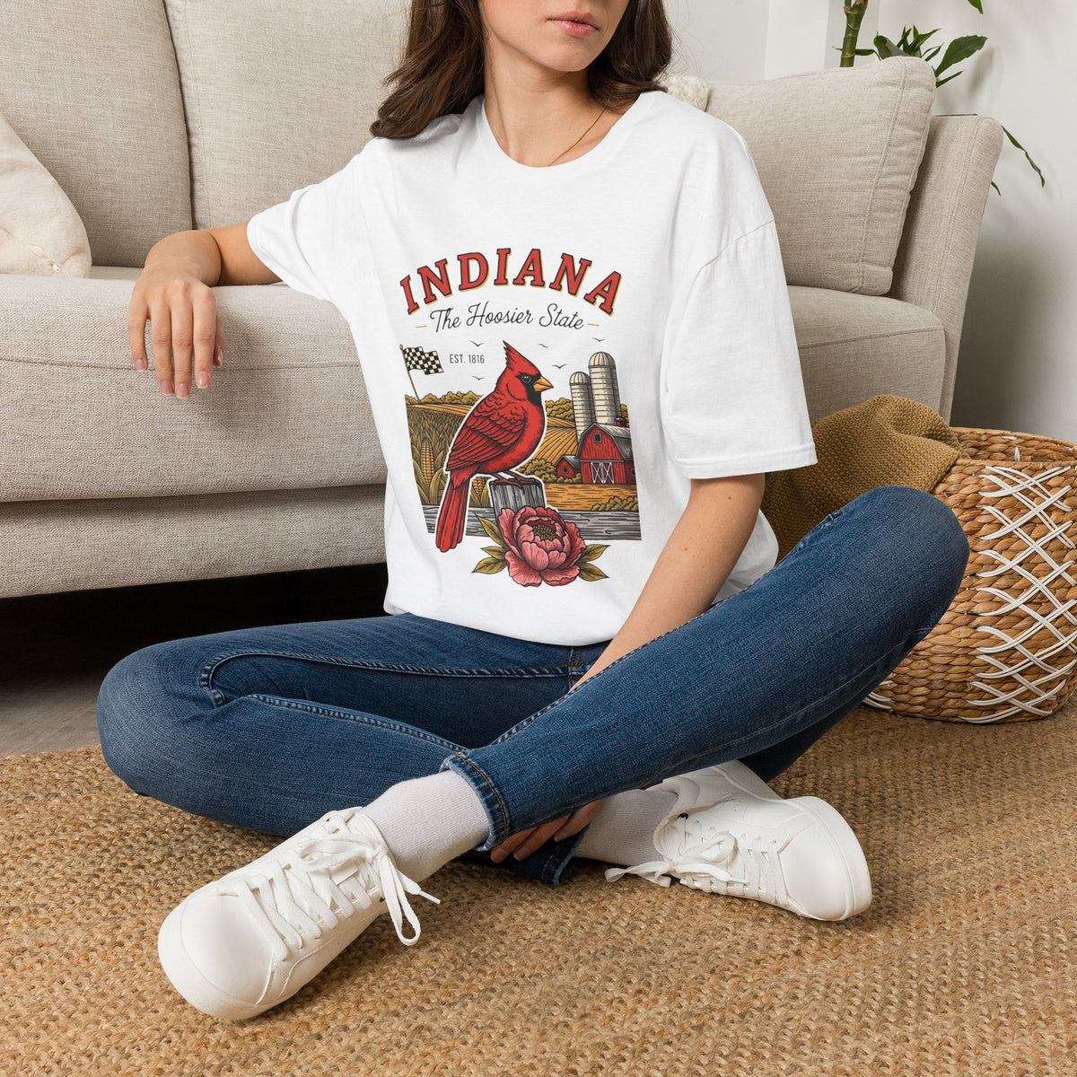 Indiana Cardinal Bird Farm Tee — Indiana The Hoosier State Graphic Travel Tourist Graphic Design Unisex 100 Cotton Gildan T-Shirt