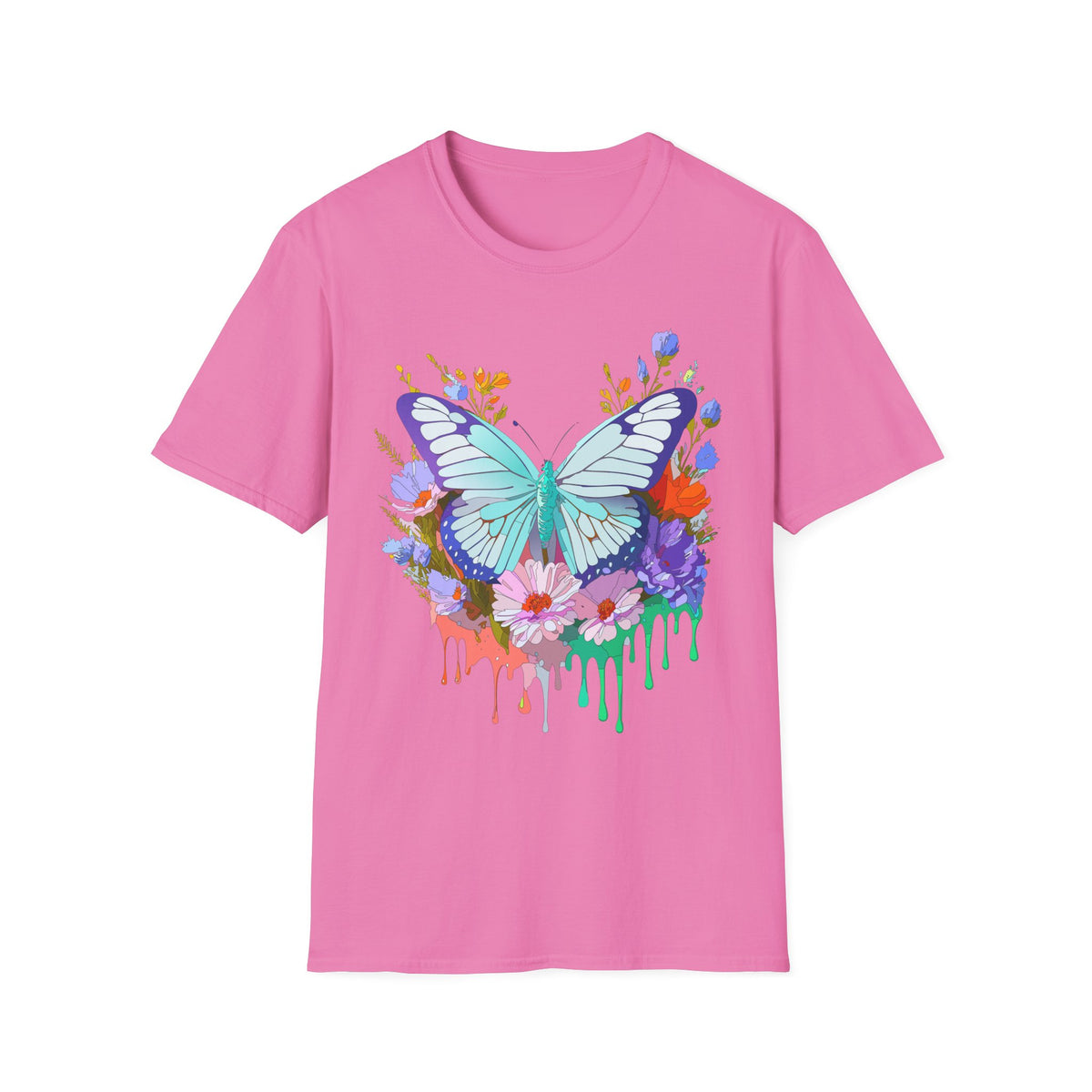 Butterfly Floral Drip T-Shirt — Teal Butterfly with Watercolor Flowers Graphic Tee Unisex 100 Cotton Gildan T-Shirt