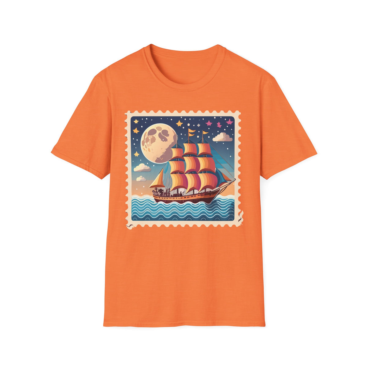 Vintage Sailboat Moon Illustration T-Shirt | Nautical Night Sky