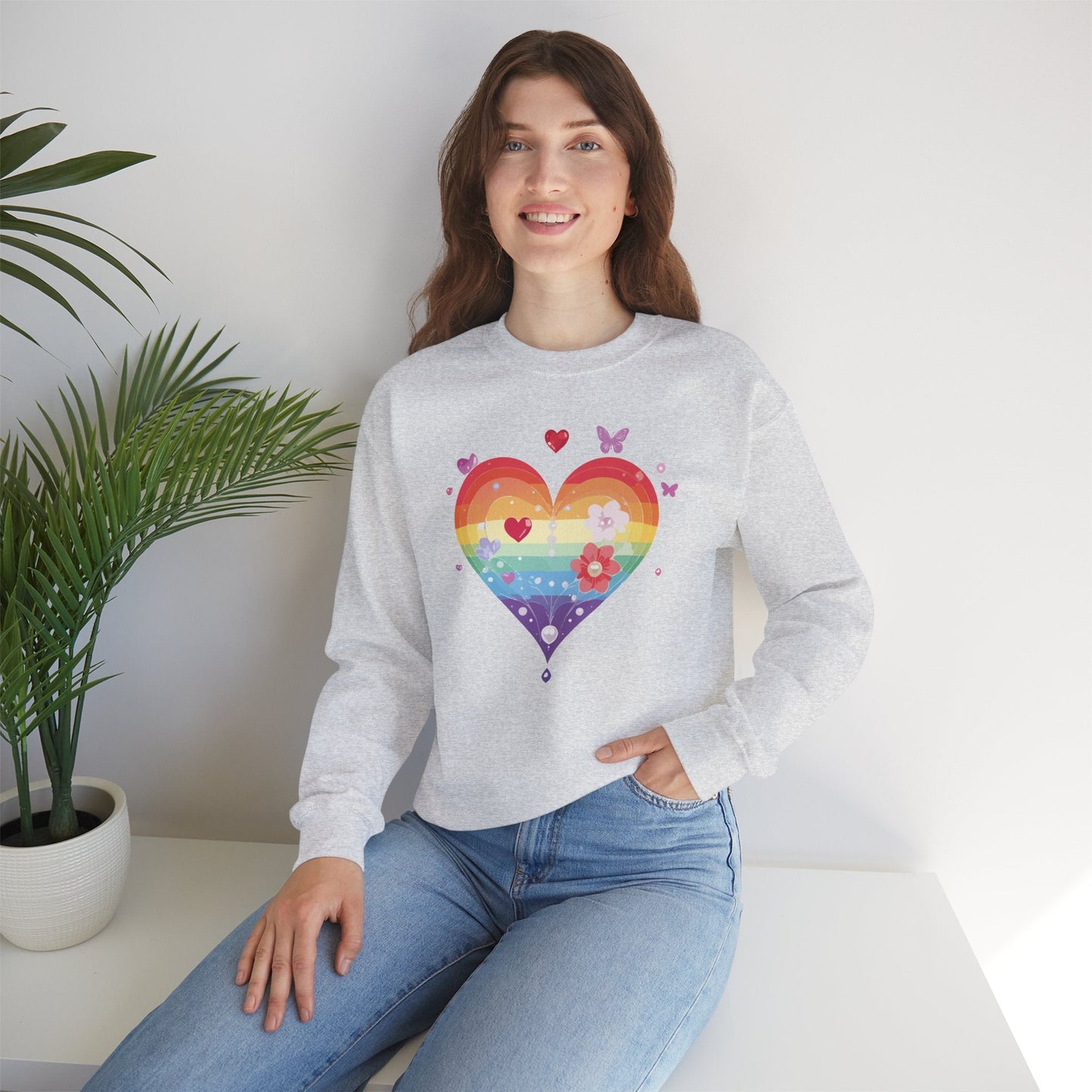 Rainbow Heart Floral Sweatshirt Unisex Valentines Day Graphic Love Sweatshirt Gift Idea
