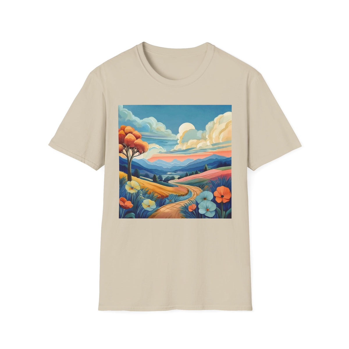 Colorful Mountain Landscape Graphic Posters, Post Stamps Design Unisex 100 Cotton Gildan T-Shirt
