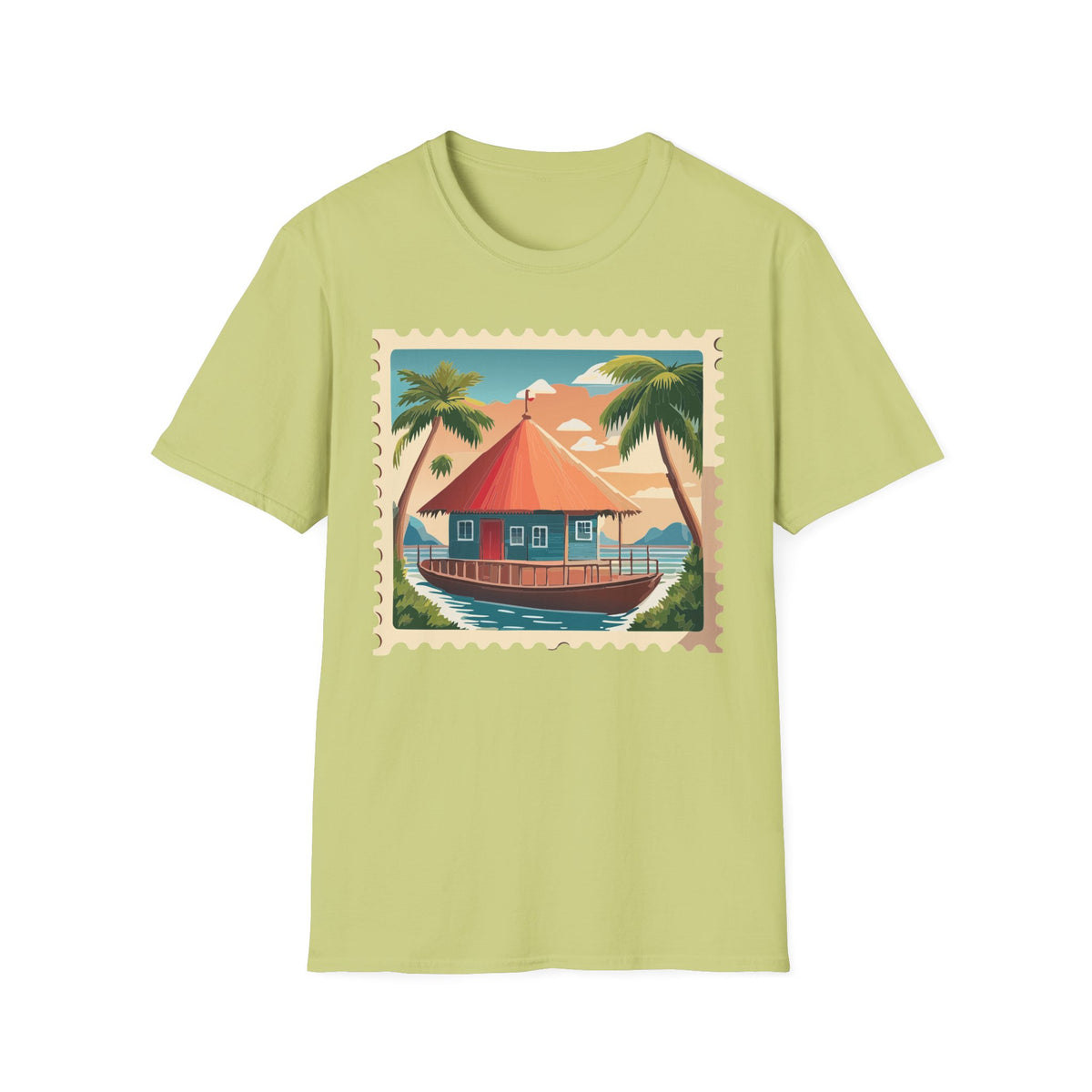 Tropical Beach Cottage T-Shirt | Palm Trees, Sunset Hut Graphic Tee Unisex 100 Cotton Gildan T-Shirt