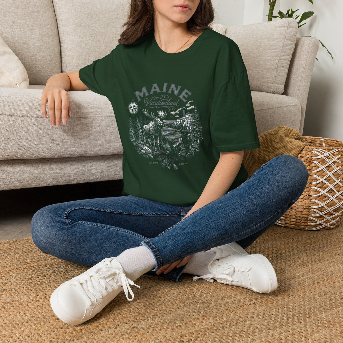 Maine Wilderness Moose Graphic T-Shirt — Vintage State Nature Travel Tourist Graphic Design Unisex 100 Cotton Gildan T-Shirt