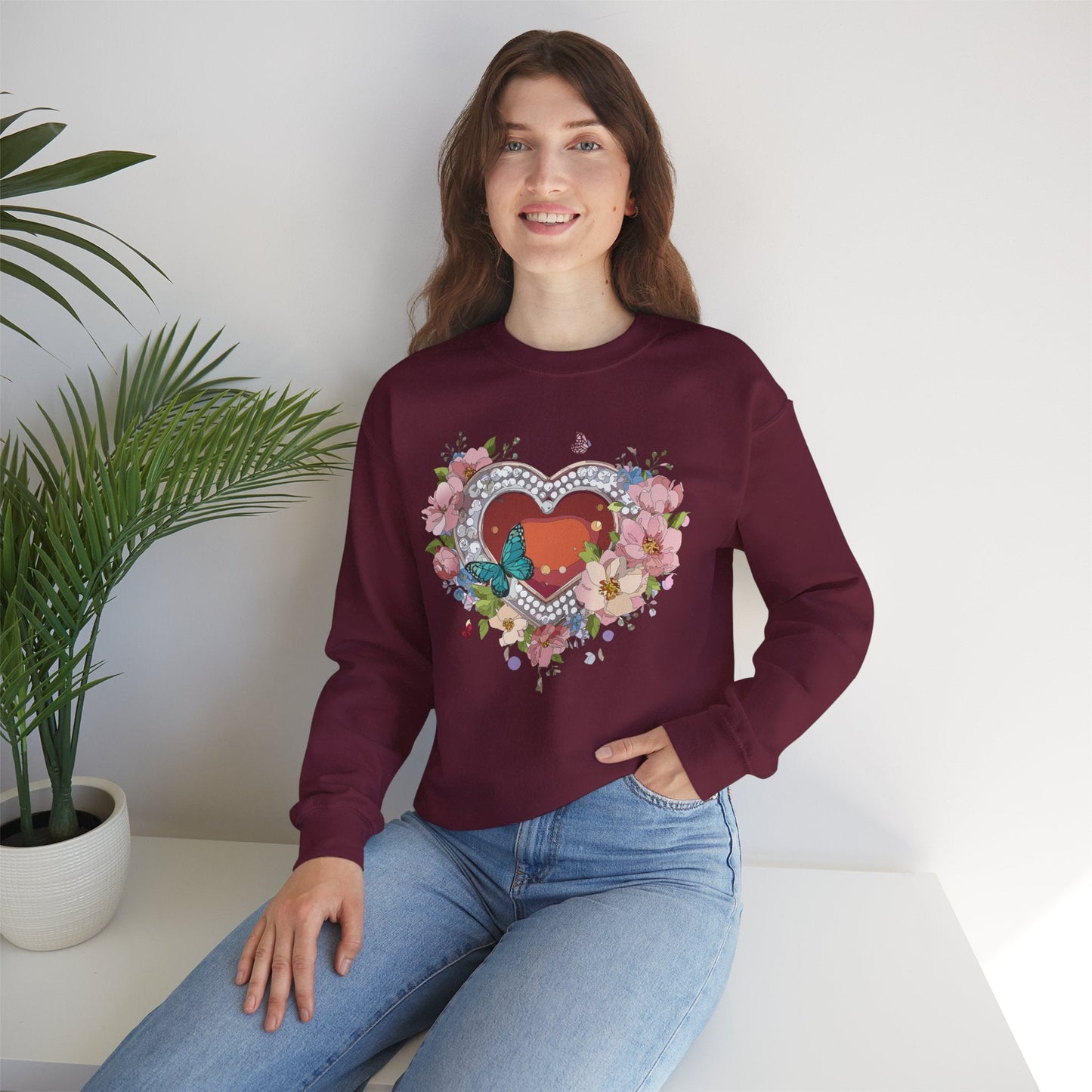 Floral Heart Sweatshirt Unisex Valentines Day Edition Gildan 18000 Heavy Blend Crewneck
