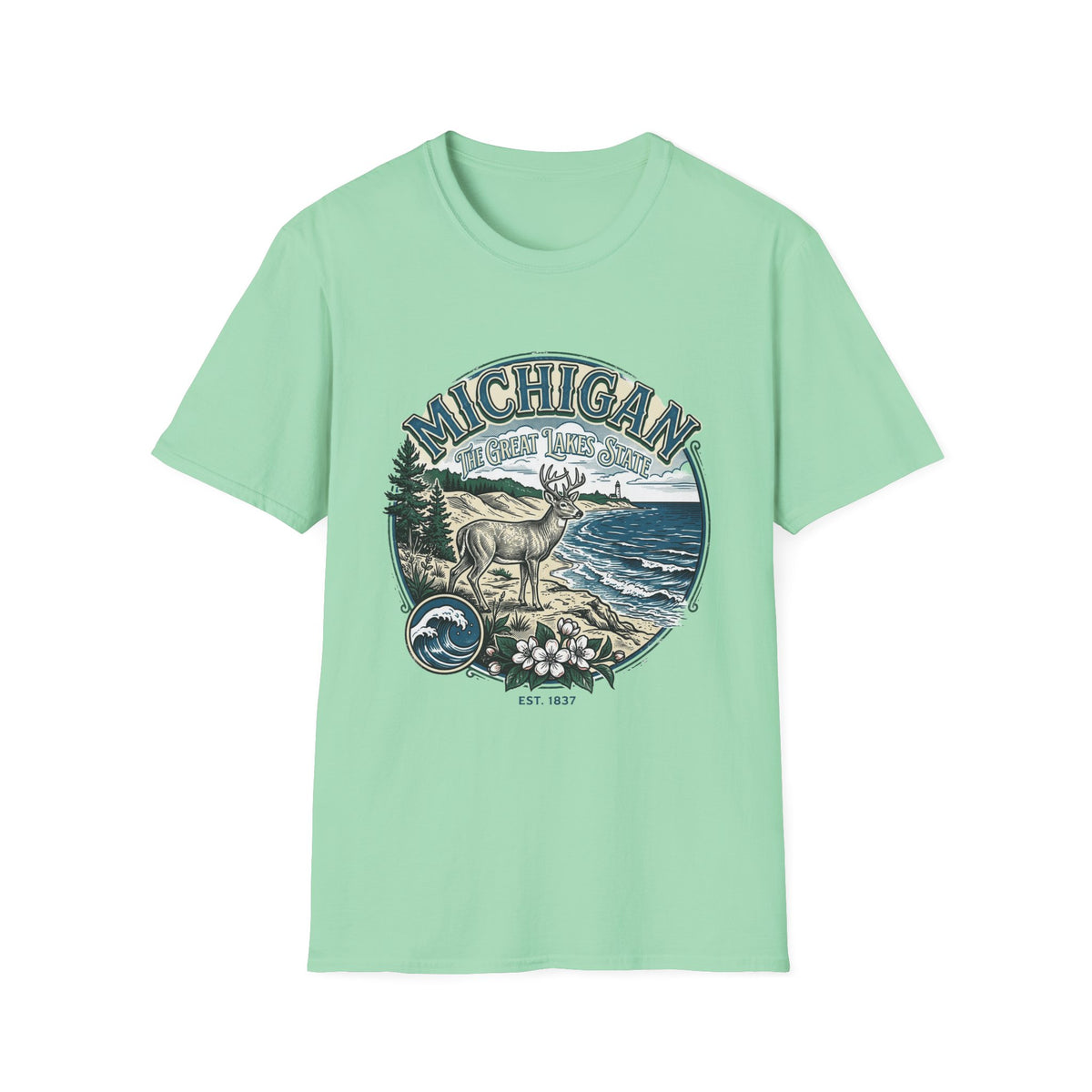Michigan Deer Scenic T-Shirt — Vintage Great Lakes Travel Tourist Graphic Design Unisex 100 Cotton Gildan T-Shirt