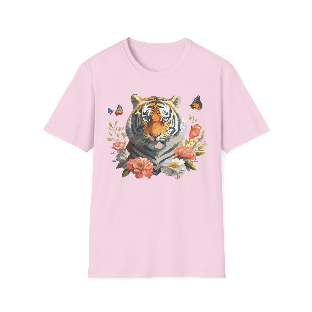 Floral Tiger Portrait T-Shirt | Watercolor Big Cat with Butterflies