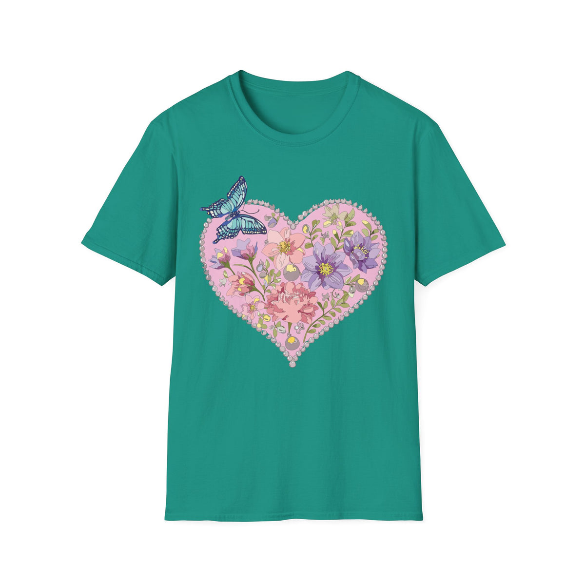 Floral Heart with Butterfly T-Shirt | Botanical Heart Graphic Tee Unisex 100 Cotton Gildan T-Shirt