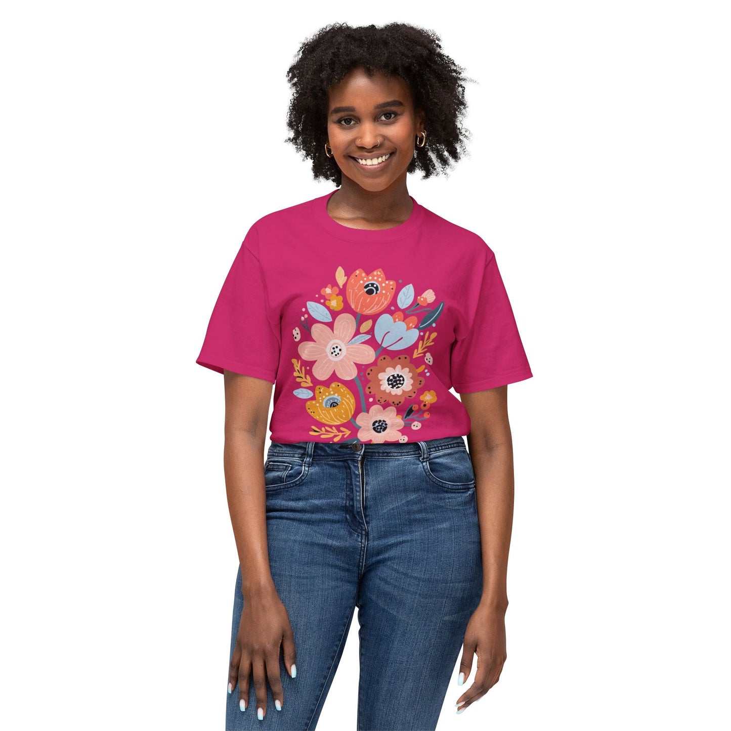 Unisex Floral Art T Shirt with Vintage Flowers Print One Hundred Percent Cotton Tee Printed In USA