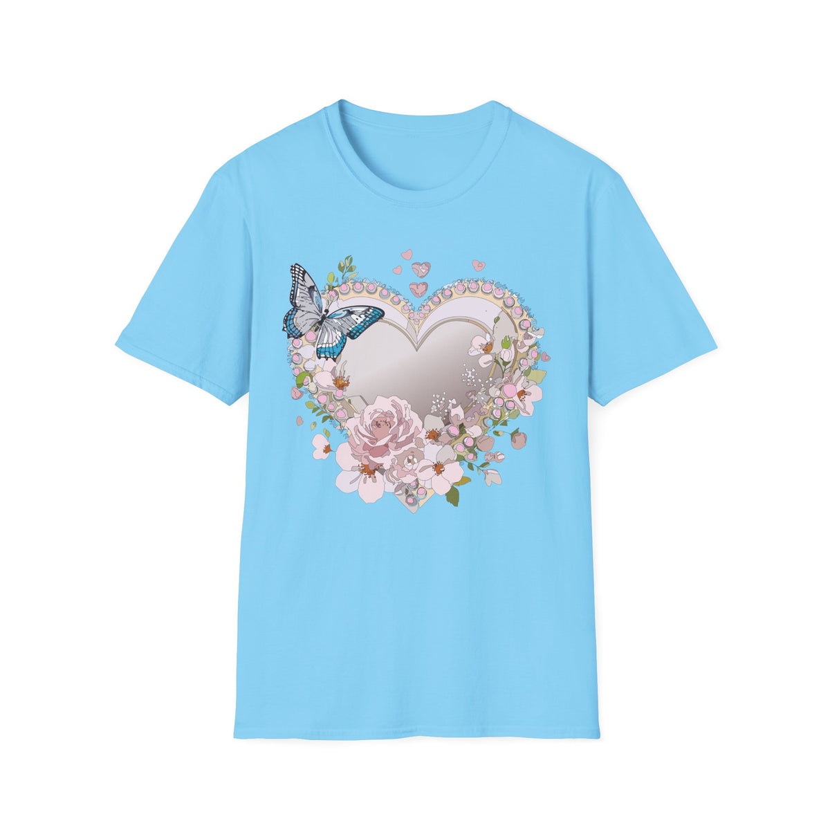 Floral Heart with Butterfly T-Shirt | Romantic Pastel Garden Graphic Tee Unisex 100 Cotton Gildan T-Shirt